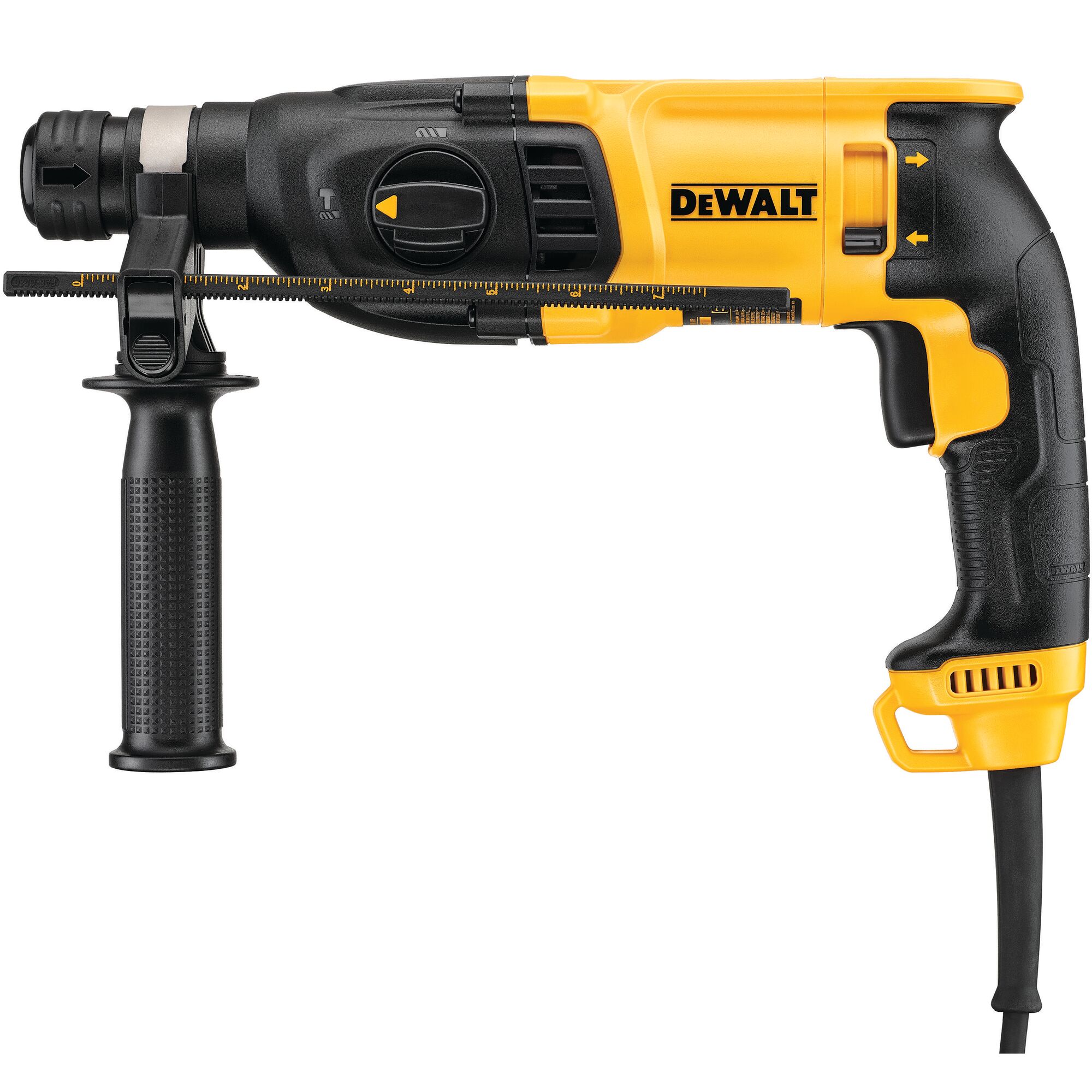 A DEWALT corded rotary hammer drill, model D25133K, shown with a black and yellow ergonomic design and auxiliary handle.