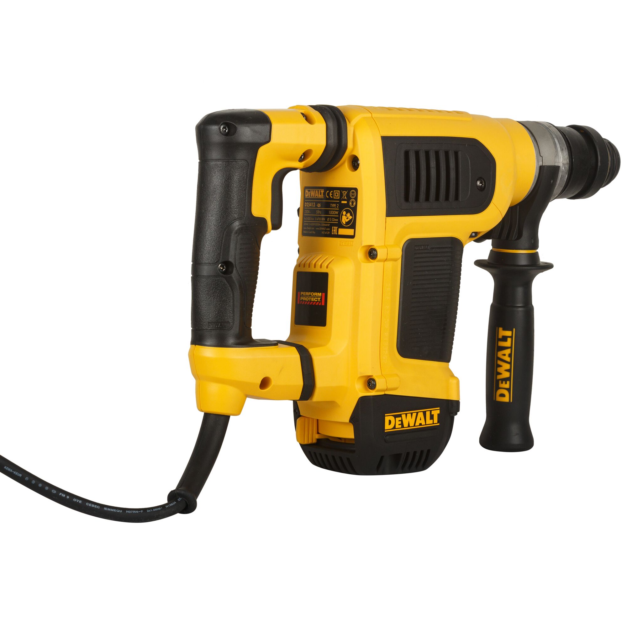 A yellow and black DEWALT electric rotary hammer drill with two handles and a cord, model D25413K, suitable for heavy-duty construction and photography equipment installation.
