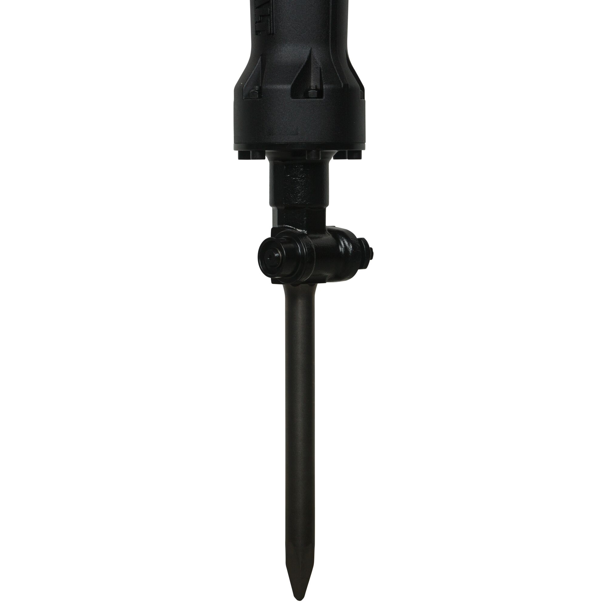 Close-up view of the lower part of a DEWALT demolition hammer, model D25961K, featuring a pointed chisel attachment.
