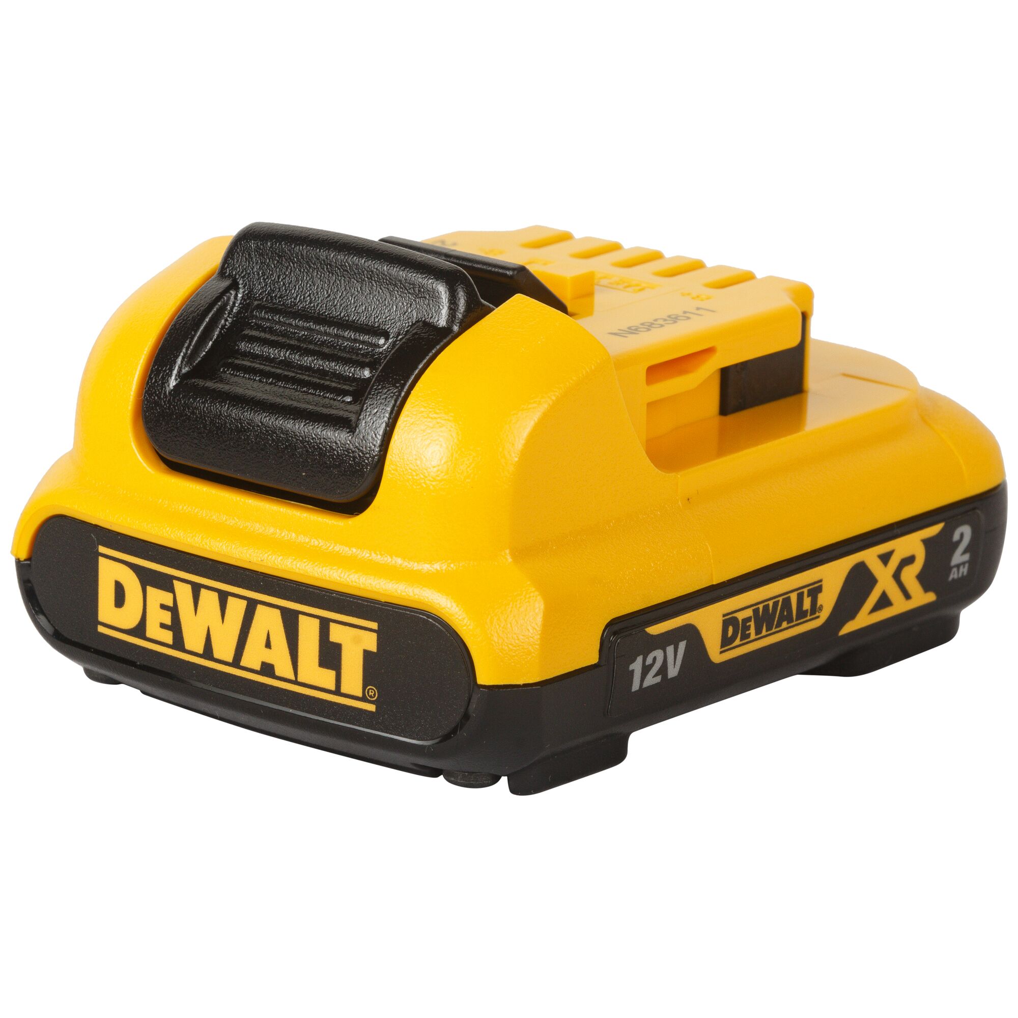 A DEWALT 12V XR 2Ah rechargeable battery pack, yellow and black in color, designed for power tools.