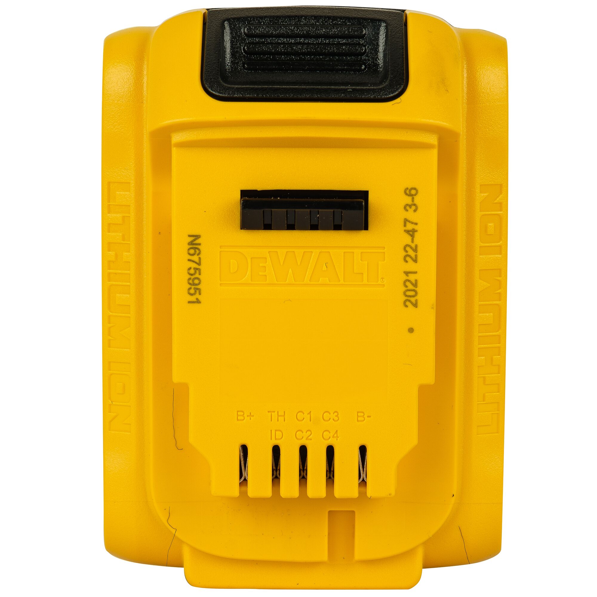 Close-up view of a yellow DEWALT lithium-ion battery pack showing connector pins and branding on the back side.