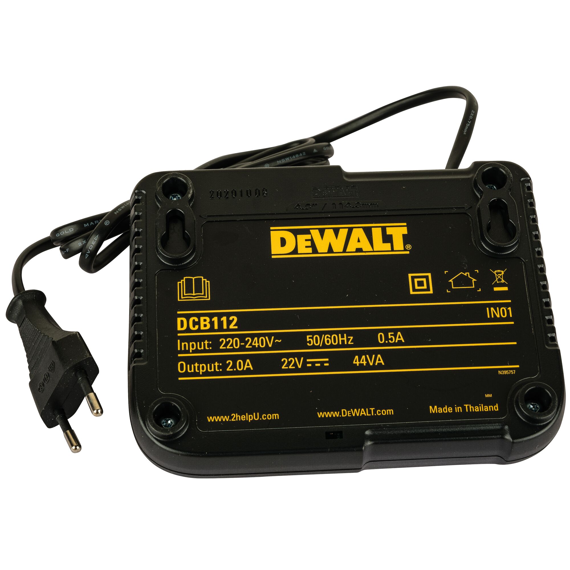 A DEWALT DCB112 battery charger with a European plug, showing its specifications and model details on the front cover.