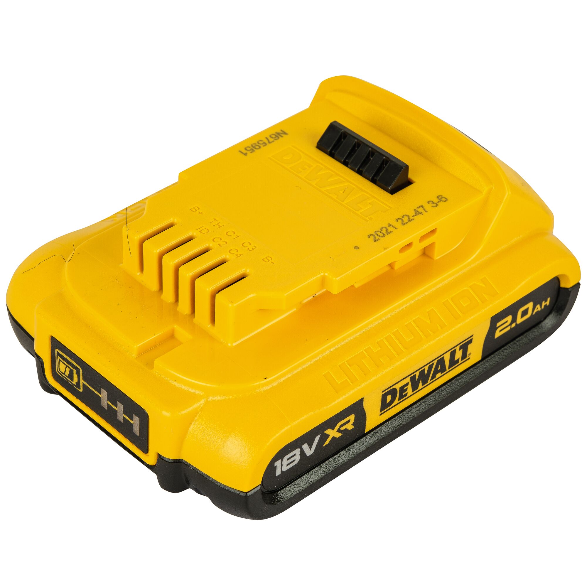 A close-up image of a yellow DEWALT 18V XR lithium-ion battery with 2.0Ah capacity, designed for power tools.