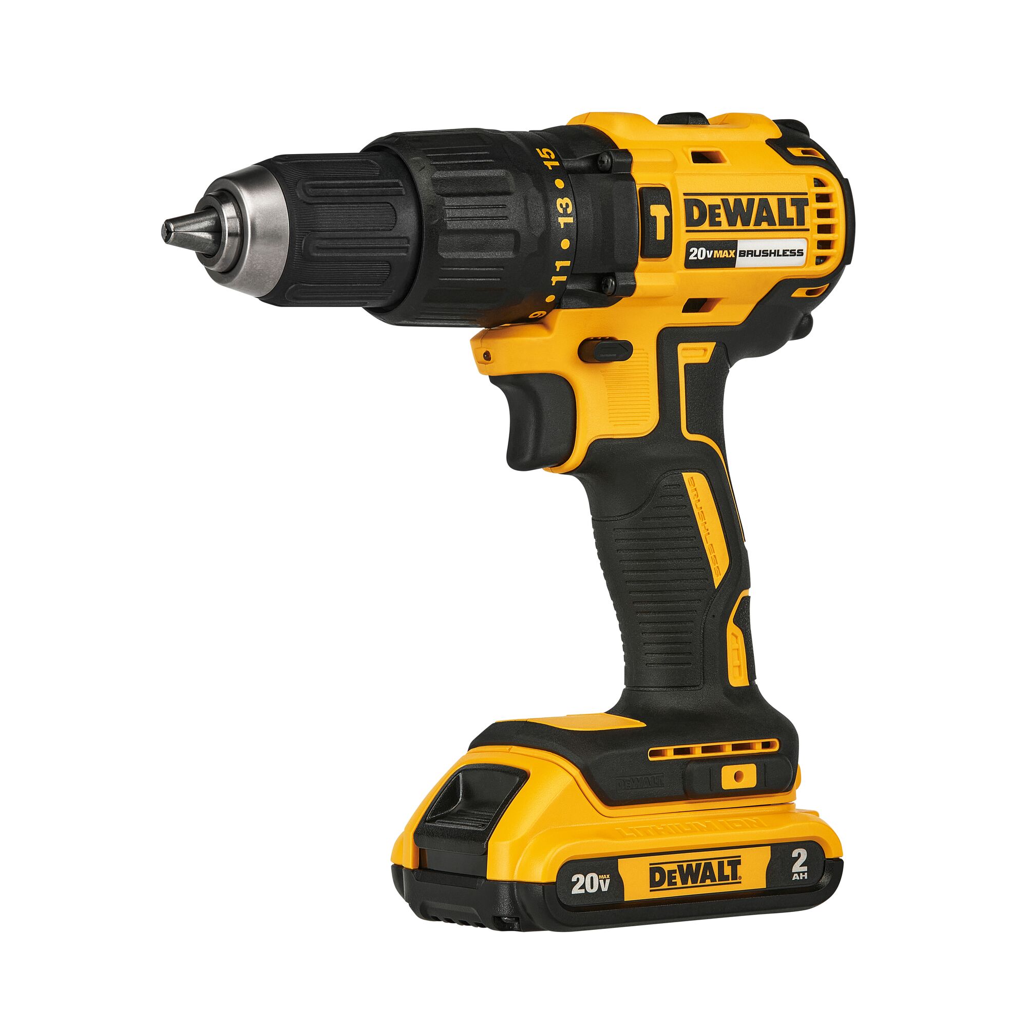 A DEWALT 20V cordless power drill with a brushless motor, featuring yellow and black design, model DCD7781D2.