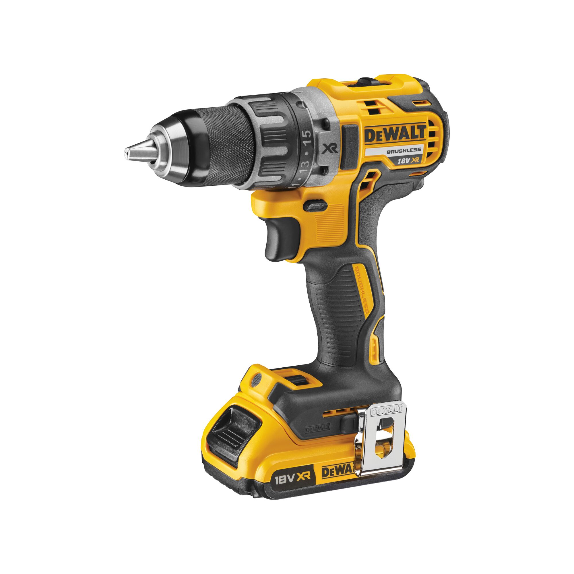 A DEWALT cordless drill, yellow and black in color, with an ergonomic handle and an 18V XR battery attached, photographed against a white background.