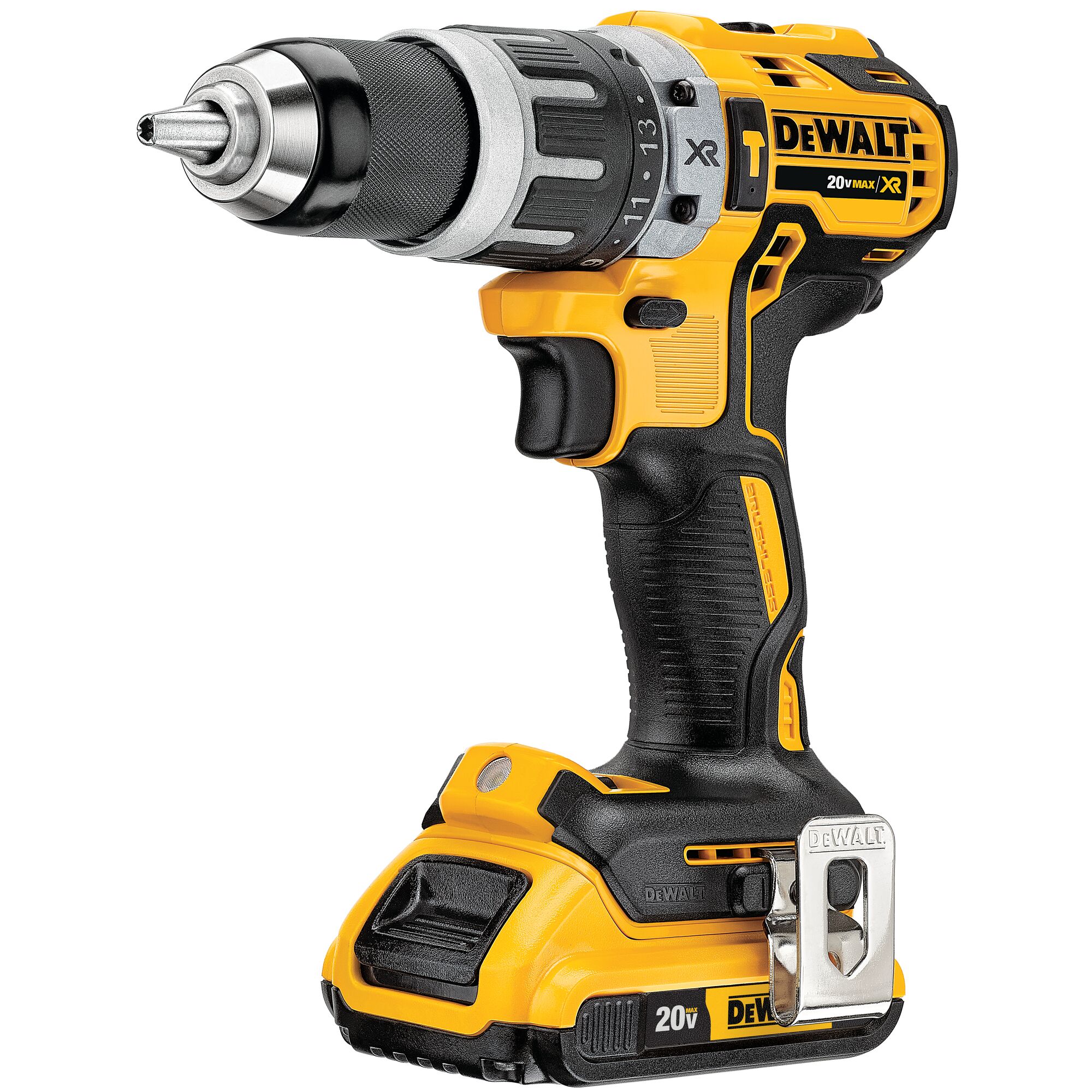 A yellow and black DEWALT 20V cordless drill with ergonomic handle and metal belt clip, model DCD796D2.