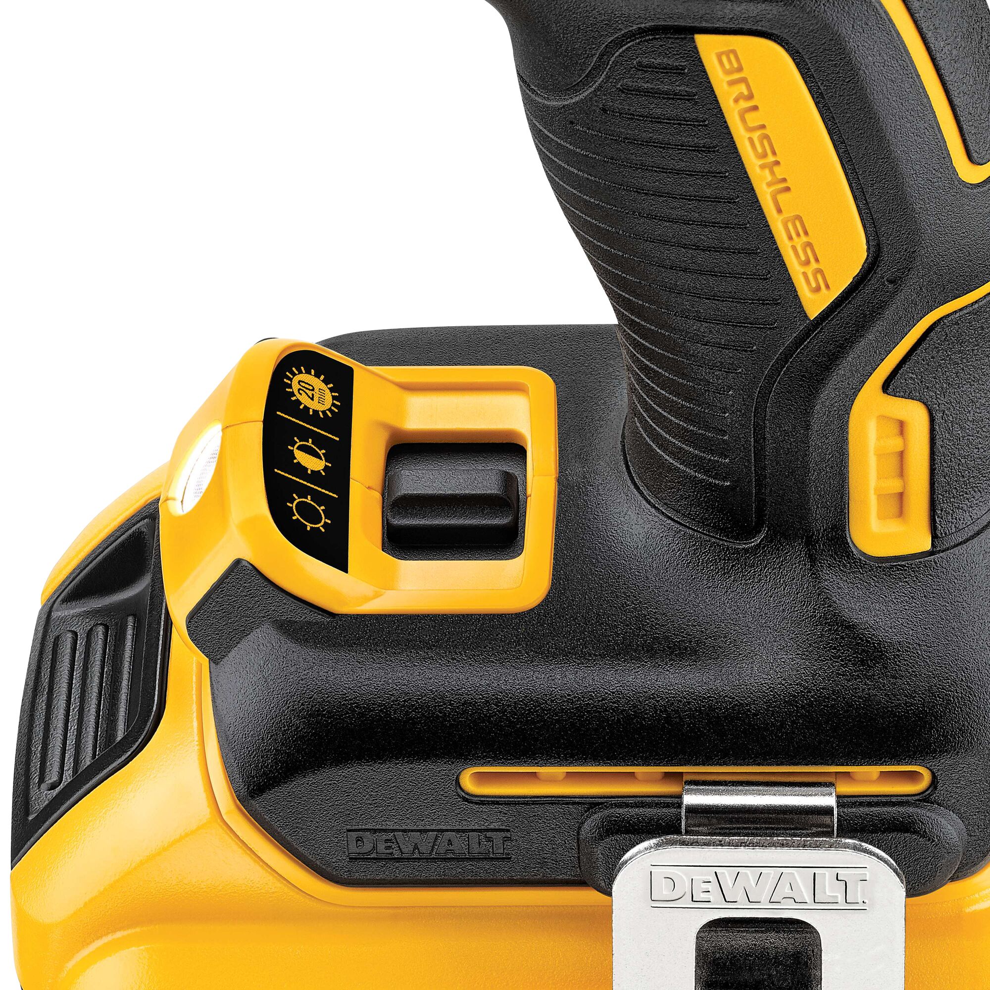 Close-up of a DEWALT cordless drill handle with brushless motor and a three-setting light control switch.