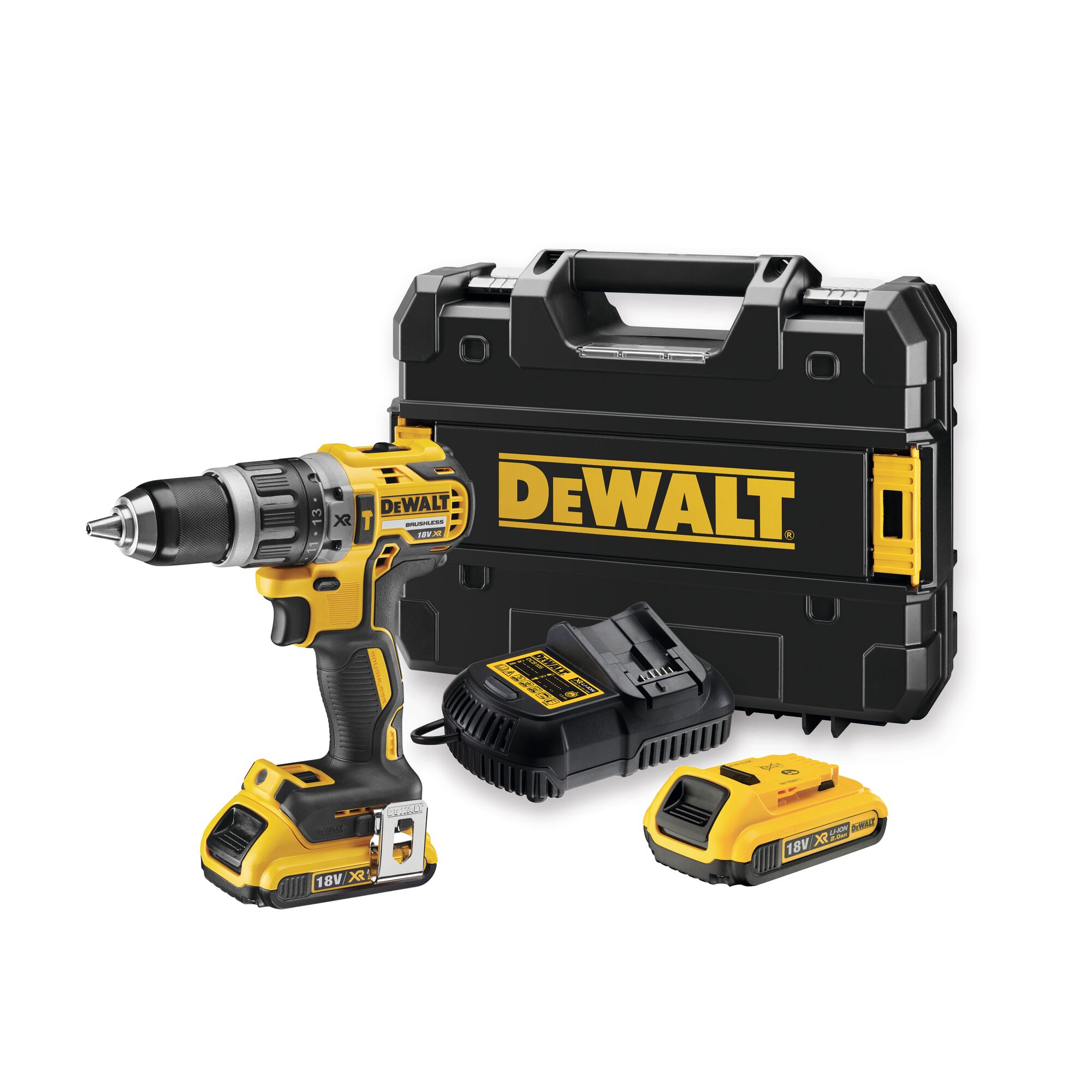 A DEWALT cordless drill kit including a yellow and black power drill, a charger, two 18V batteries, and a hard carrying case with the DEWALT logo.