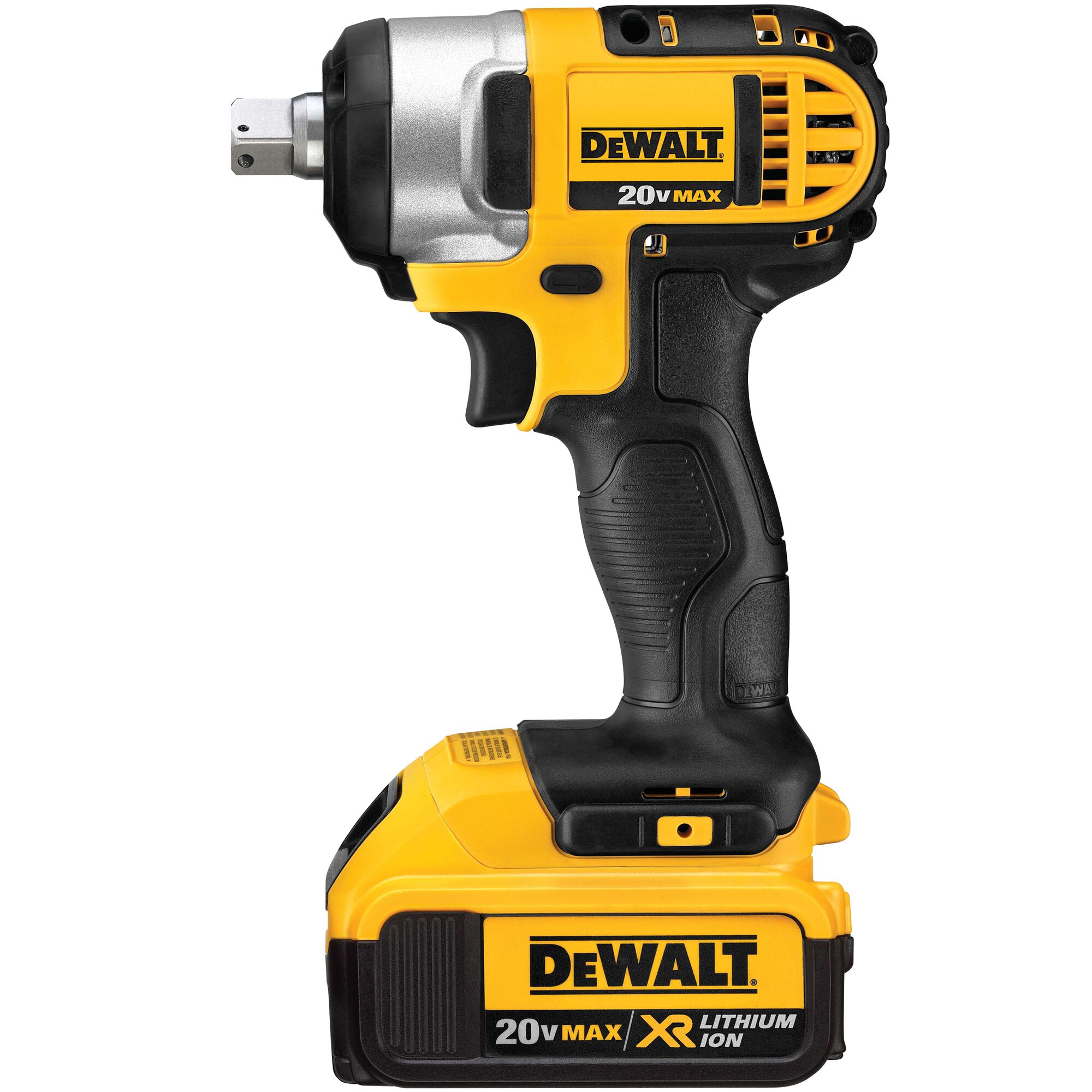 A DEWALT 20V Max XR Lithium Ion cordless impact wrench with a black and yellow body and ergonomic grip.