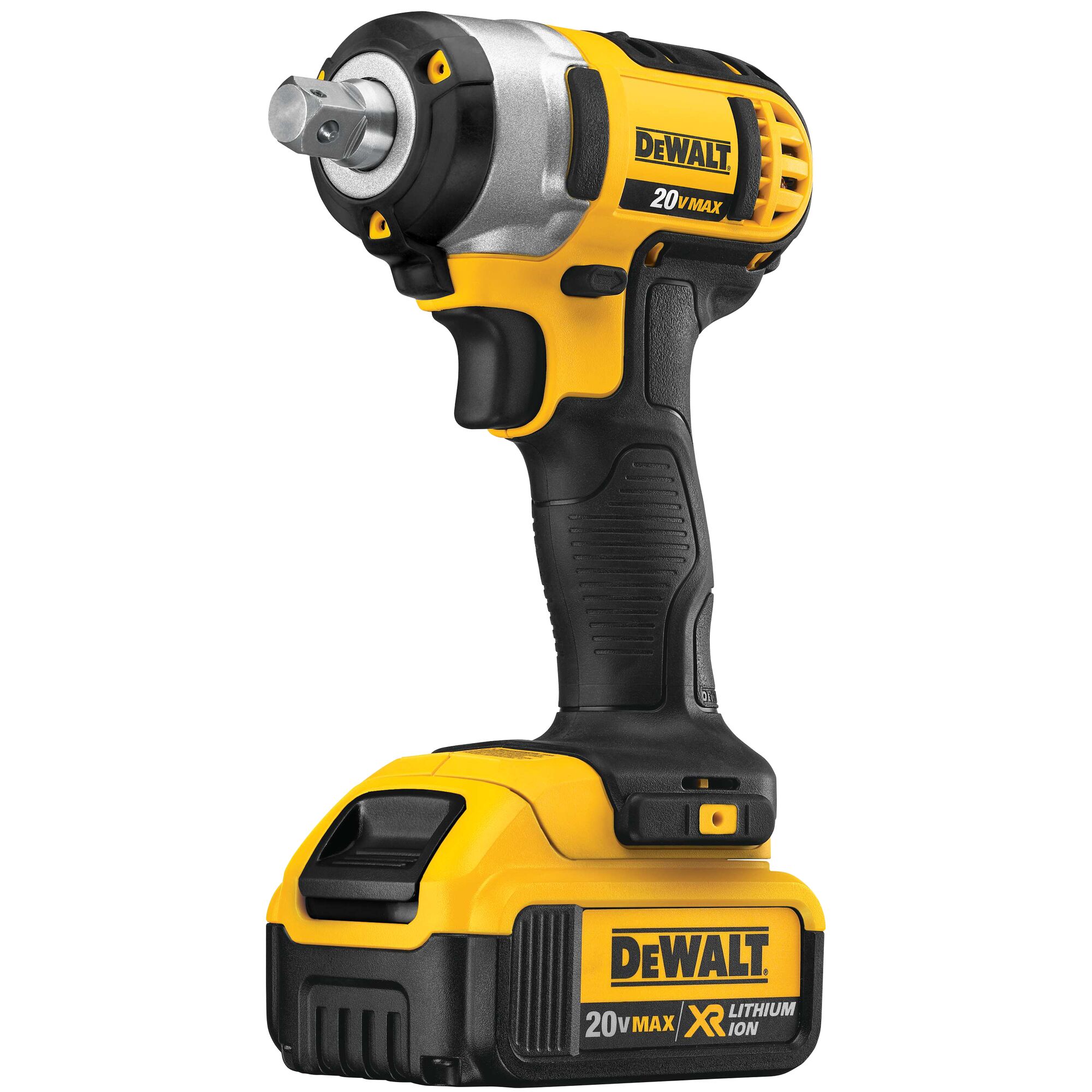 A DEWALT 20V Max XR lithium-ion cordless impact wrench shown in close-up against a white background. The tool is yellow and black with ergonomic grip and branding on the battery and body.