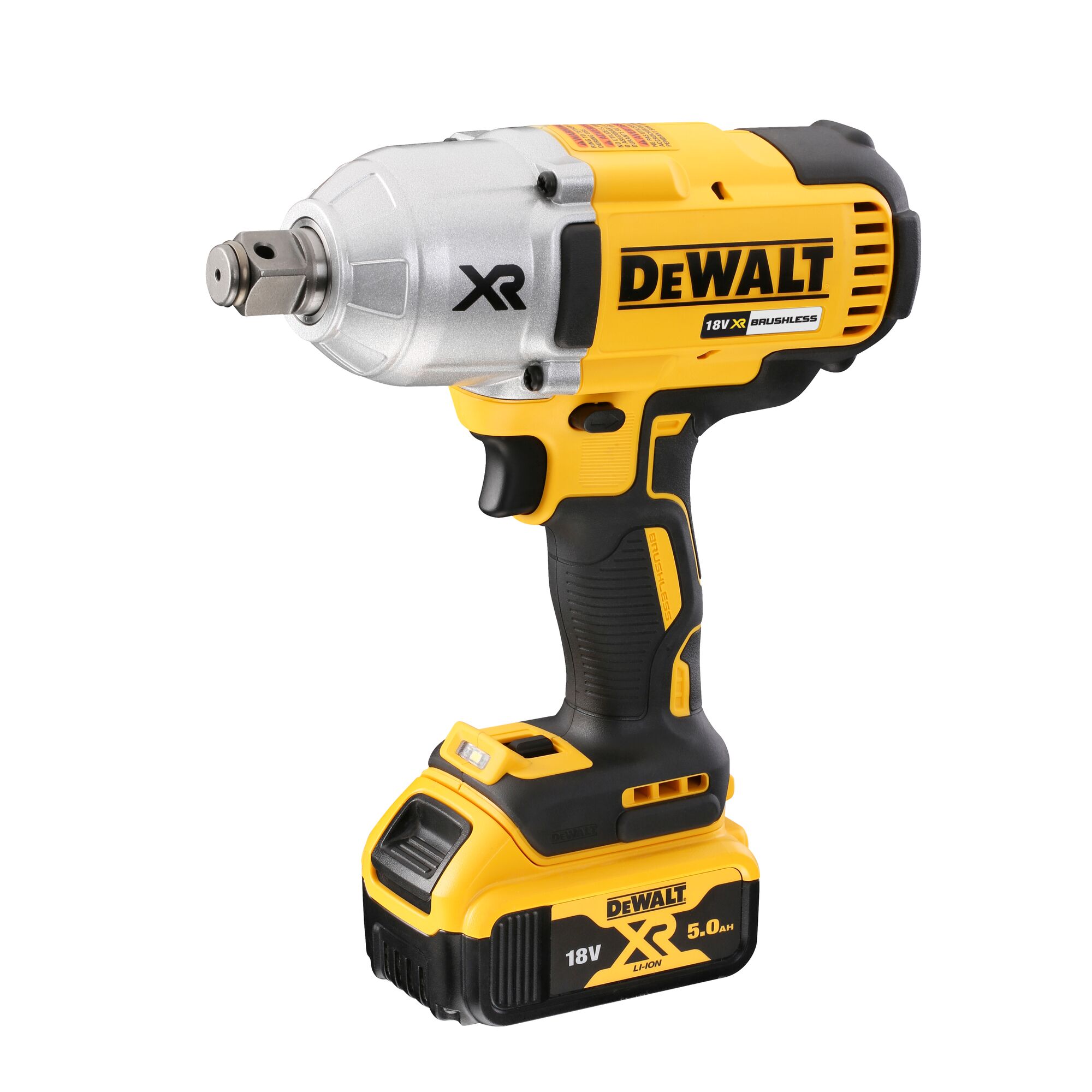 DEWALT 18V XR cordless impact wrench with brushless motor and battery, shown on white background.
