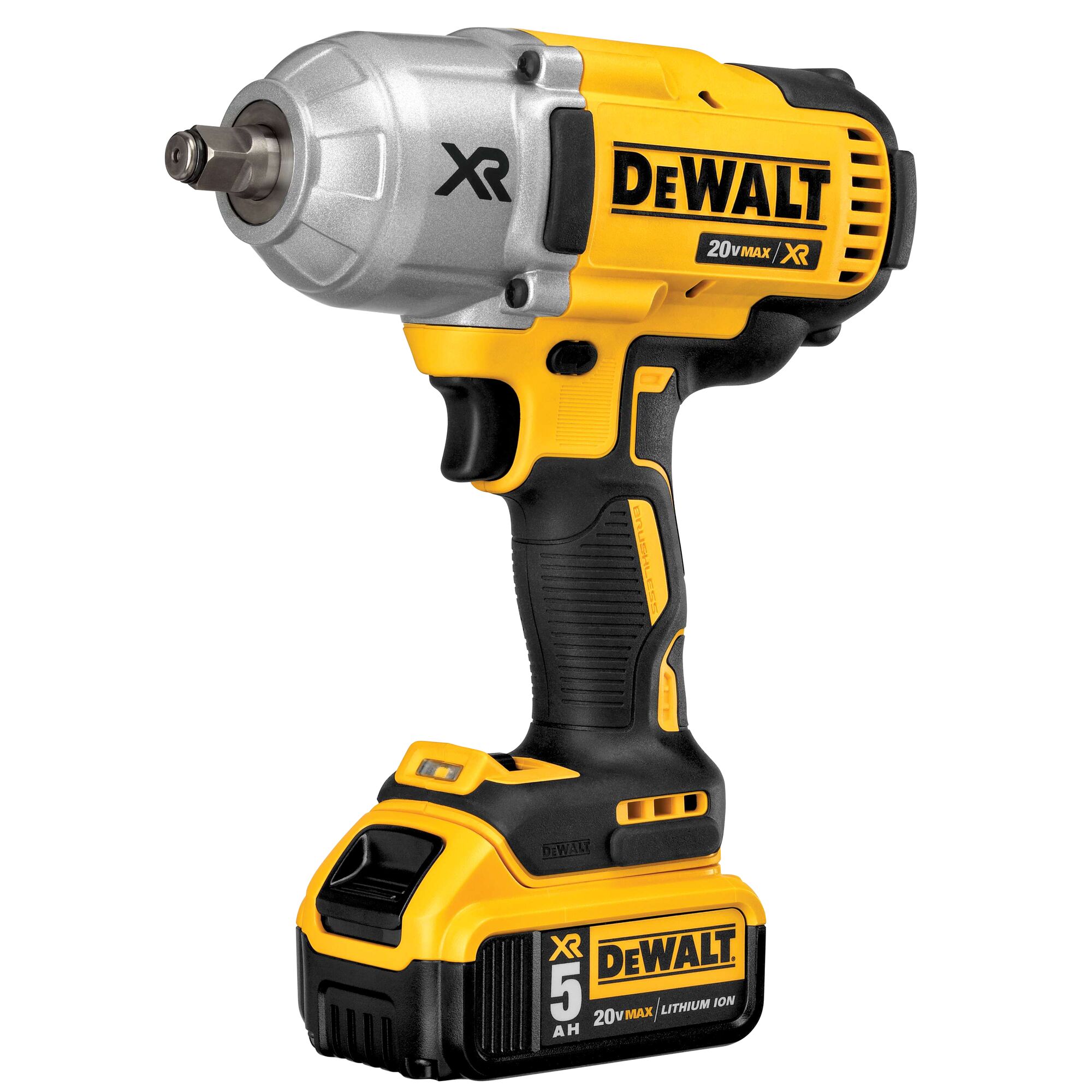 A DEWALT 20V Max XR cordless impact wrench with a 5Ah lithium-ion battery, shown in yellow and black color.