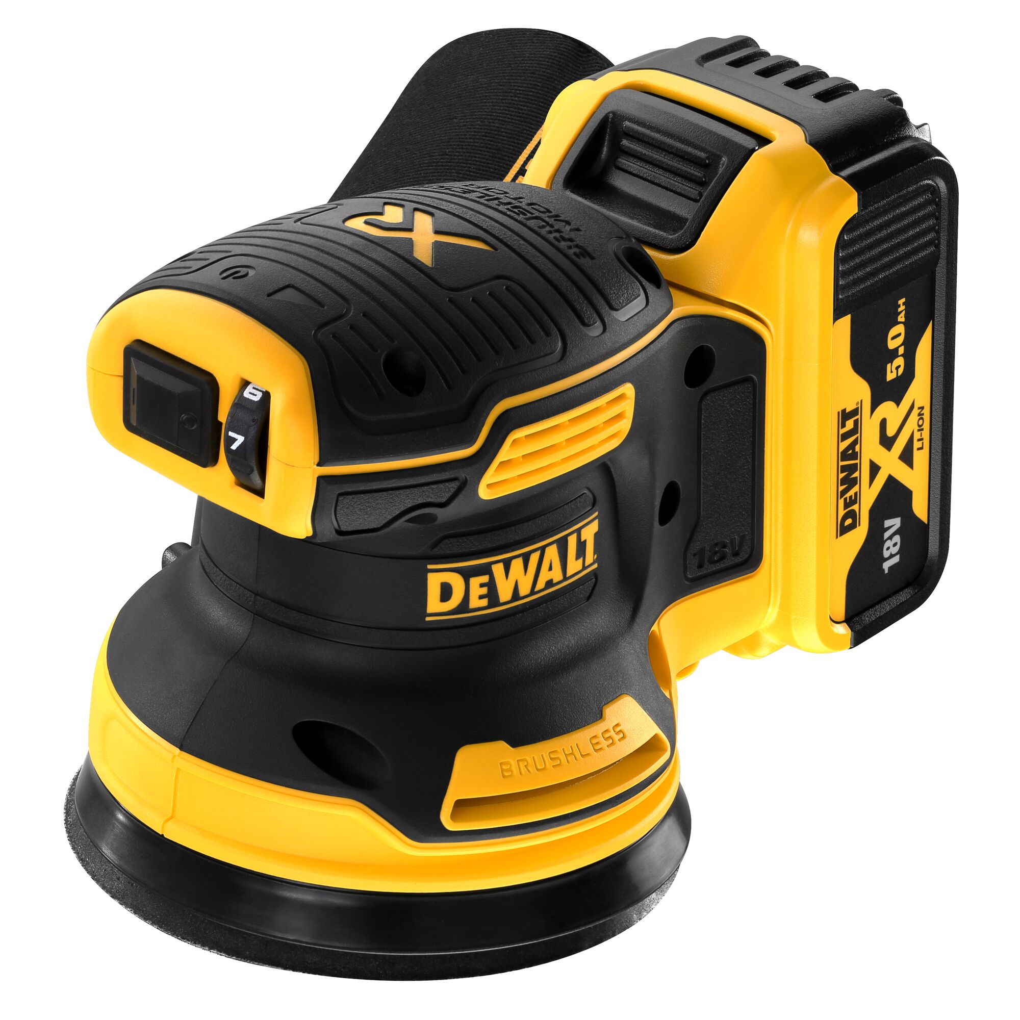 A DEWALT cordless orbital sander, model DCW210P2, featuring a brushless motor and an 18V XR lithium-ion battery. The tool is mainly yellow and black with DEWALT branding.