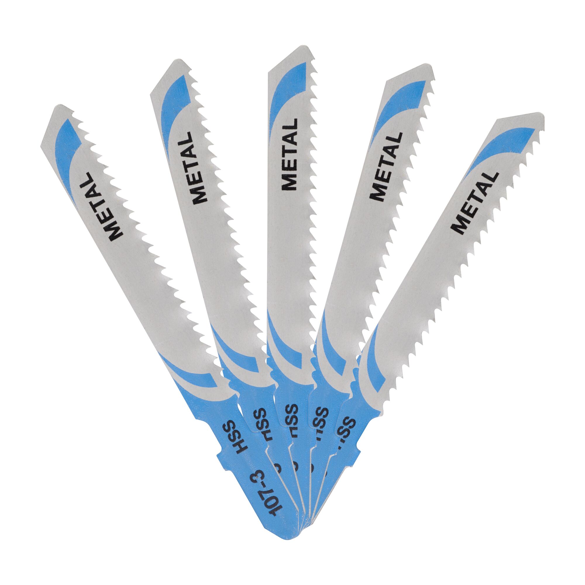 Five DEWALT DT2161 jigsaw blades for metal cutting, arranged in a fan shape with blue and silver colors.