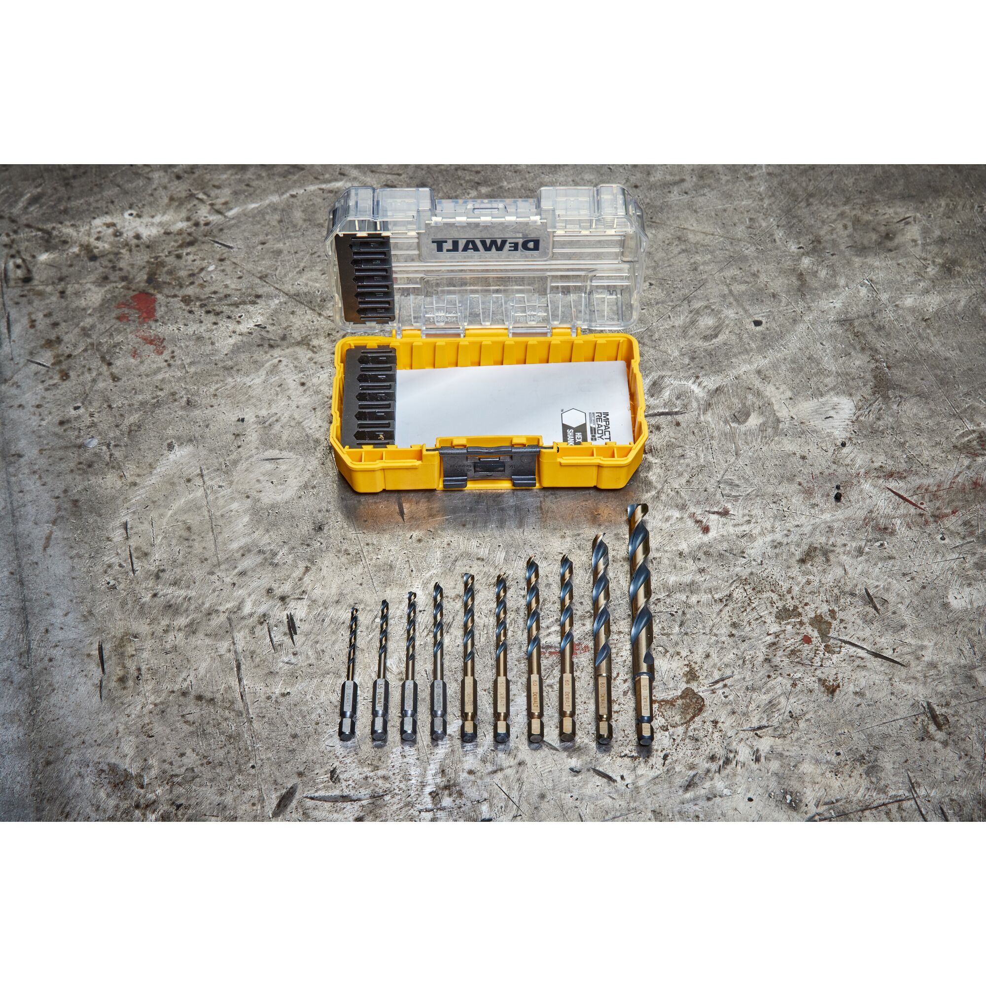 overhead shot of DEWALT 40 Piece Impact Screwdriver Bit Set with lid open, 10 drill bits out of the box