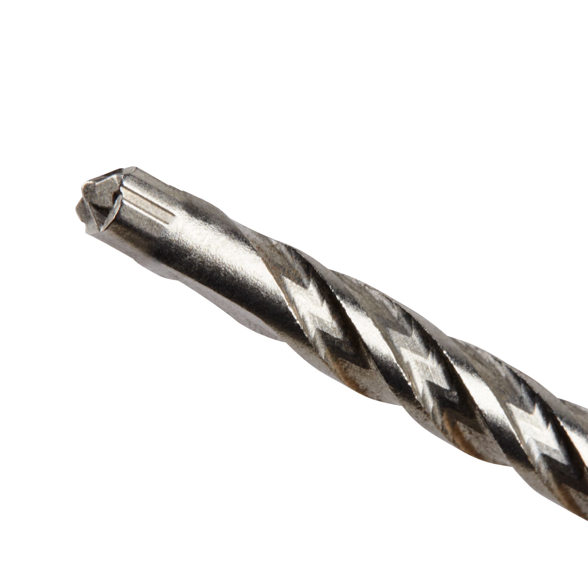 Close-up of a DEWALT metal drill bit with a spiral design, showing the cutting tip in detail.