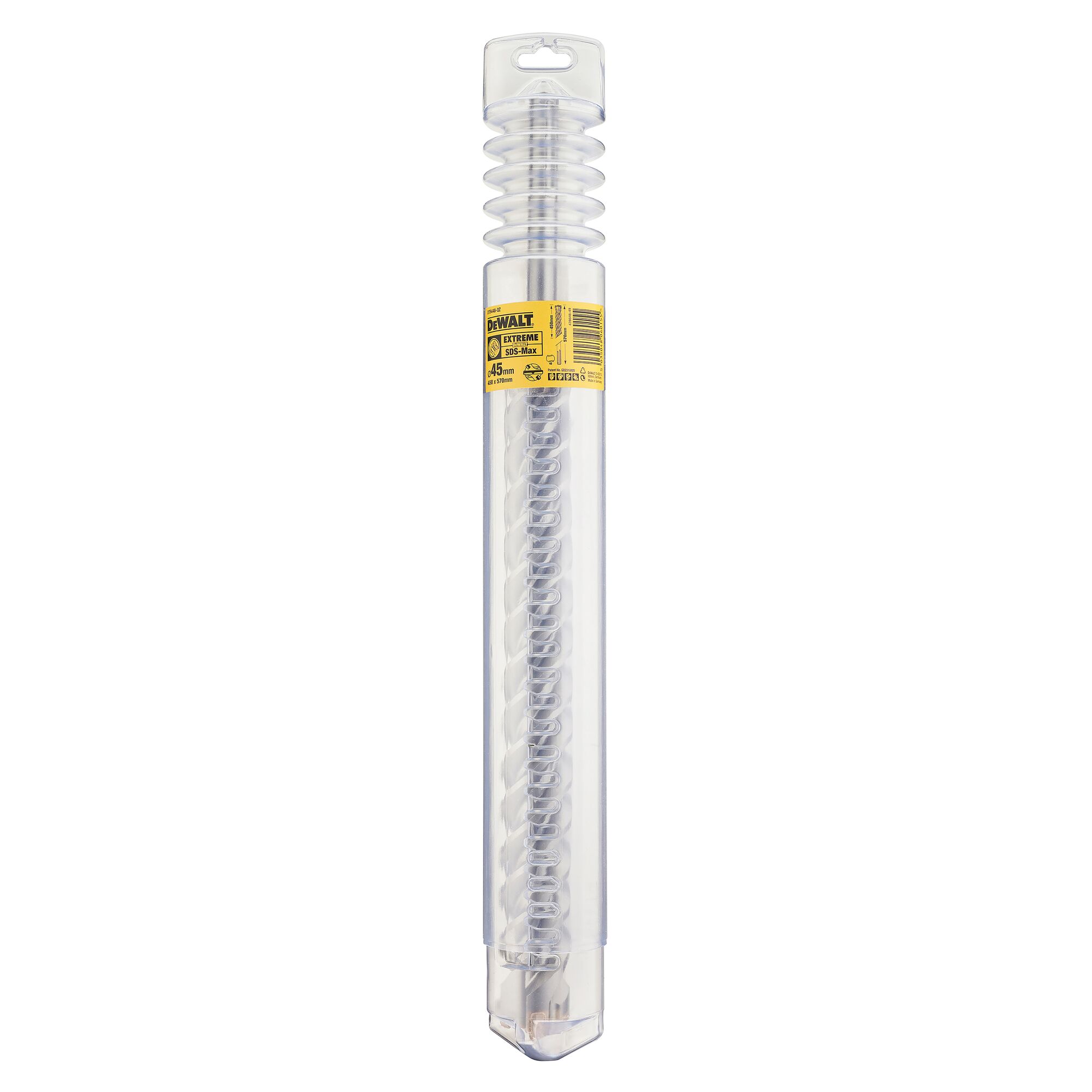 A DEWALT Extreme SDS-Max drill bit in a transparent plastic case, with a yellow and black DEWALT label indicating specifications. The packaging displays a long, spiral masonry drill bit.