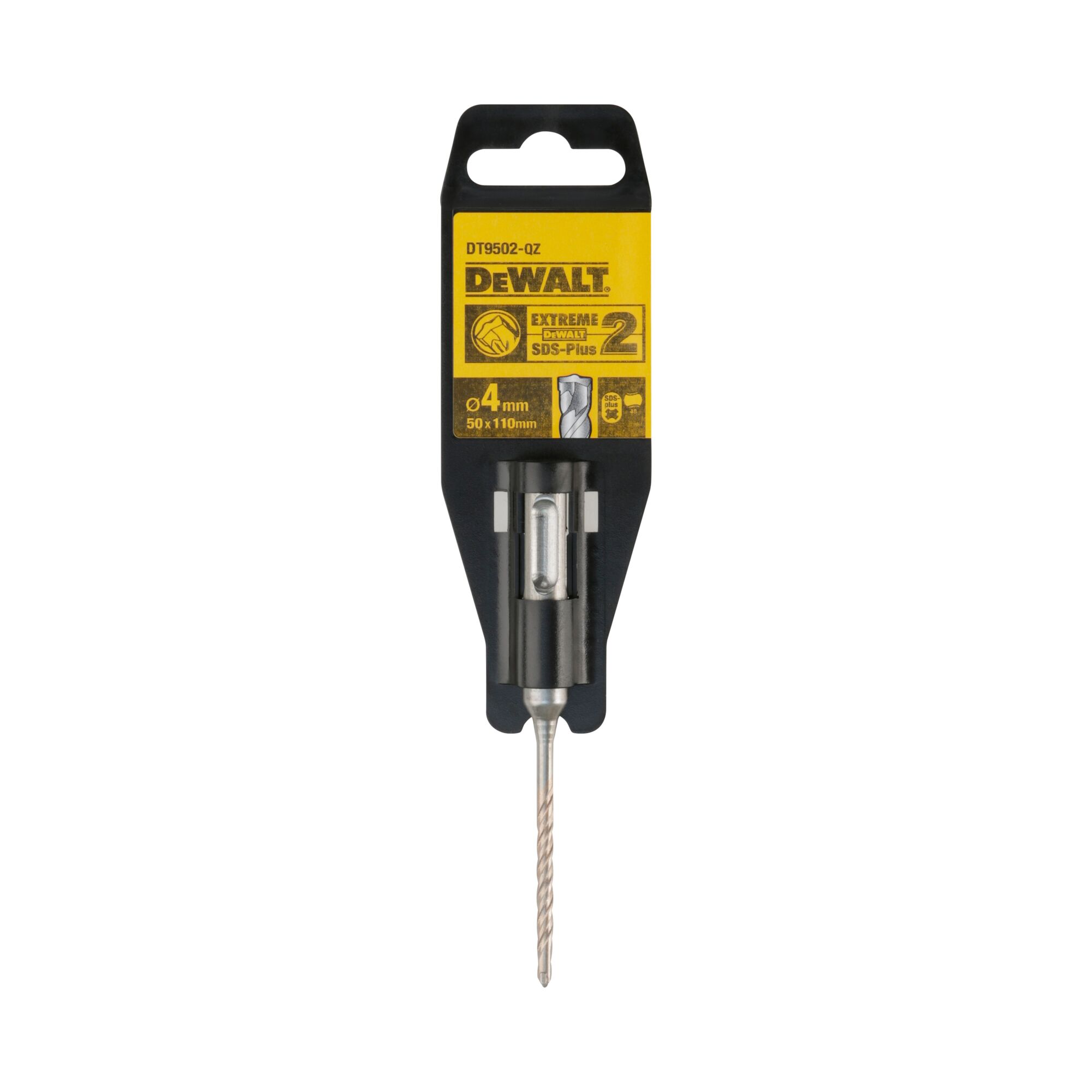 A DEWALT DT9502 SDS-Plus Extreme 2 drill bit, 4mm diameter and 110mm length, displayed in its original black and yellow packaging.