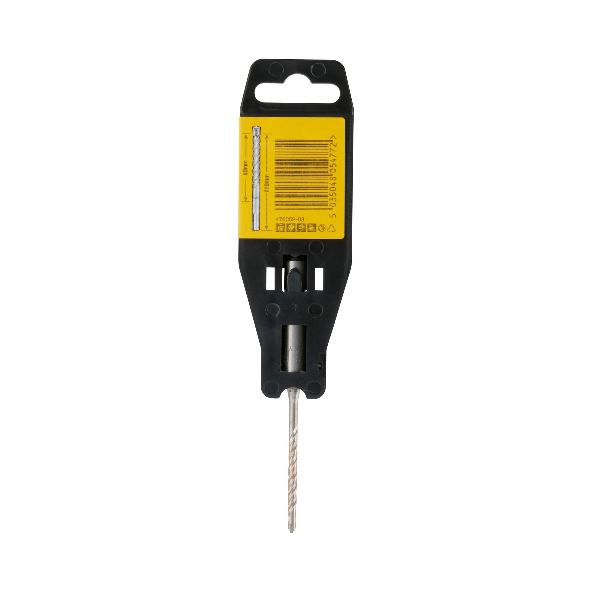 A DEWALT DT9502 drill bit in its packaging, showing a yellow label with barcode and product information. The drill bit is made of metal and is housed in a black plastic holder.