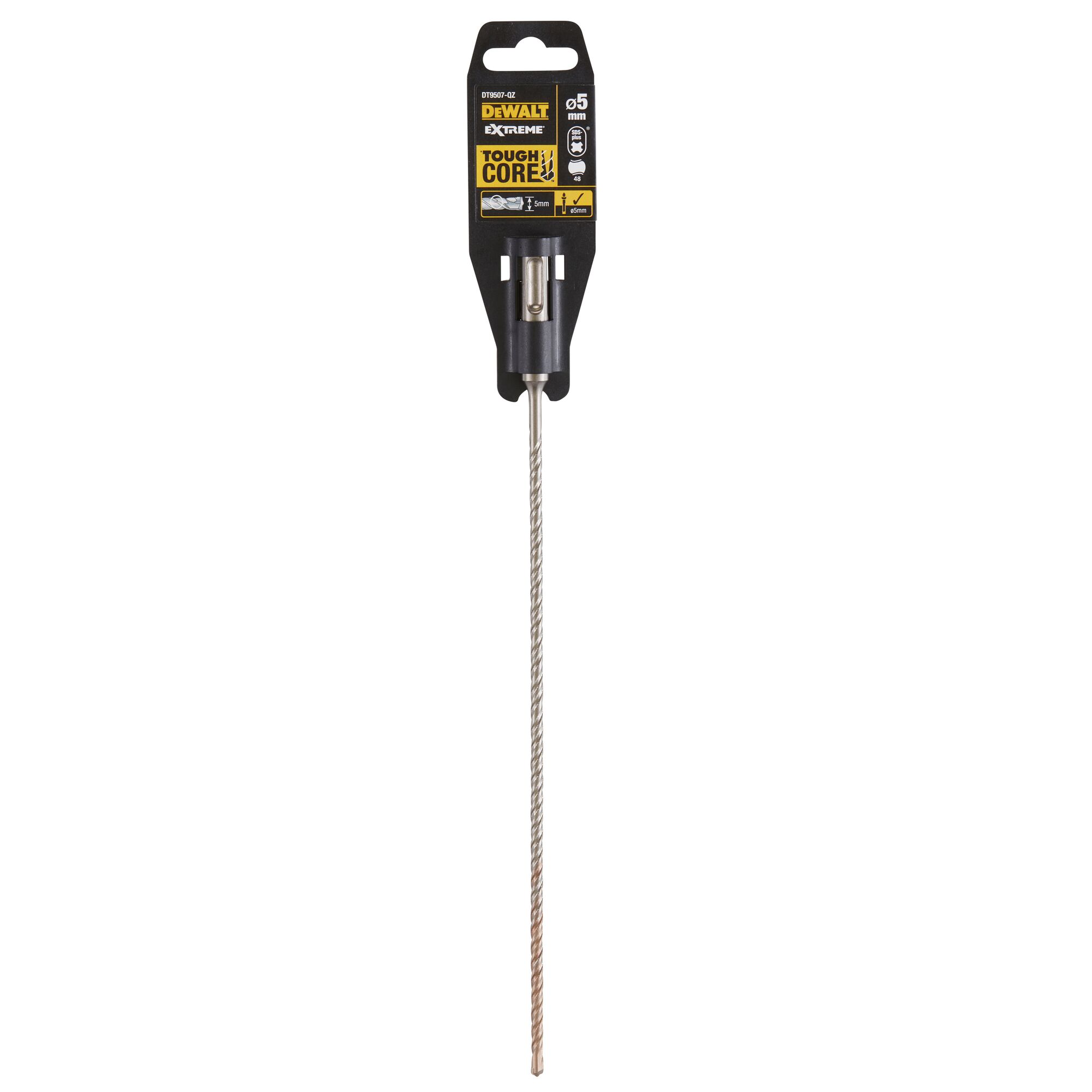 A DEWALT Extreme Tough Core drill bit with packaging, featuring a long, metal body and labeled as 5mm, suitable for tough material drilling.