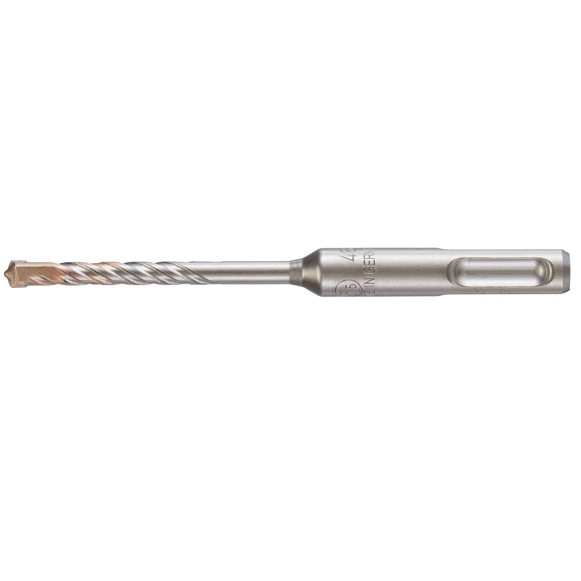 A DEWALT DT9508 SDS-Plus masonry drill bit made of metal, shown on a white background. The drill bit features a spiral flute design and a reinforced carbide tip for drilling into concrete or masonry.