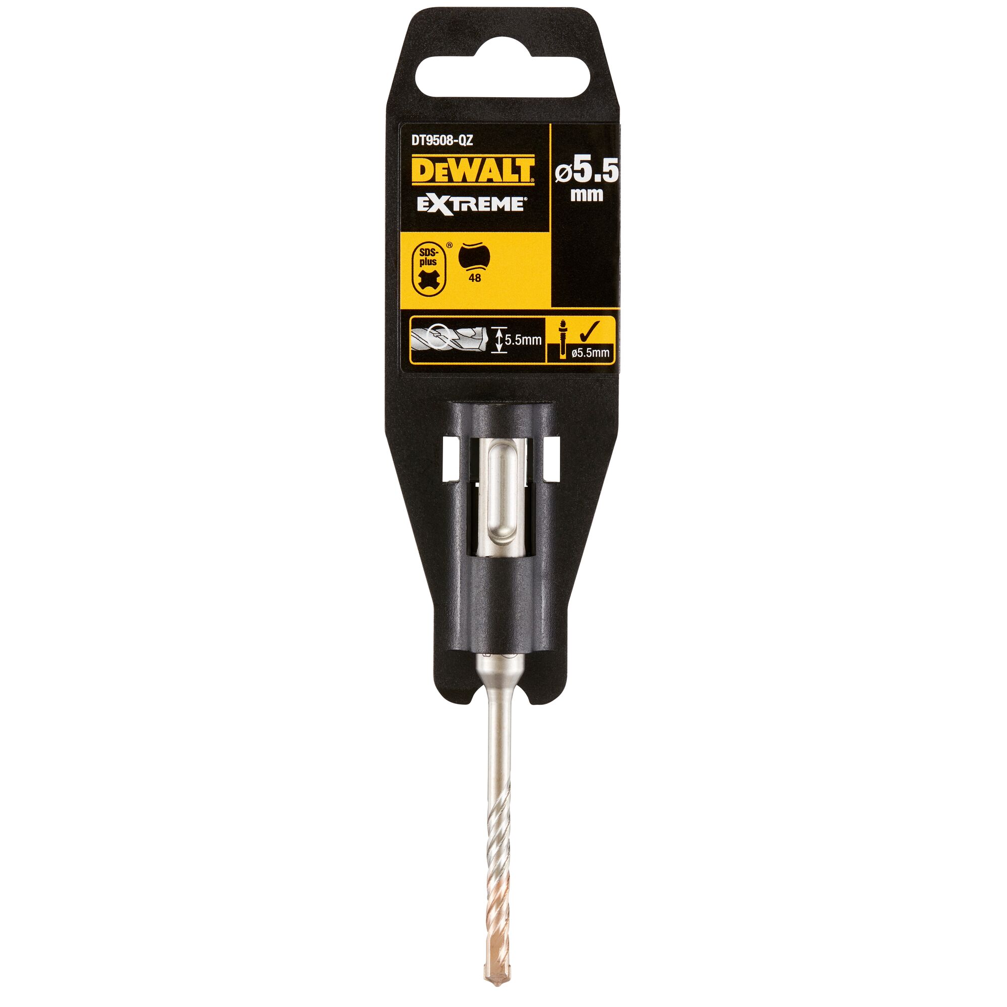 A Dewalt Extreme SDS Plus drill bit with a diameter of 5.5 mm in its original packaging. The packaging is black and yellow, showing product information and branding.