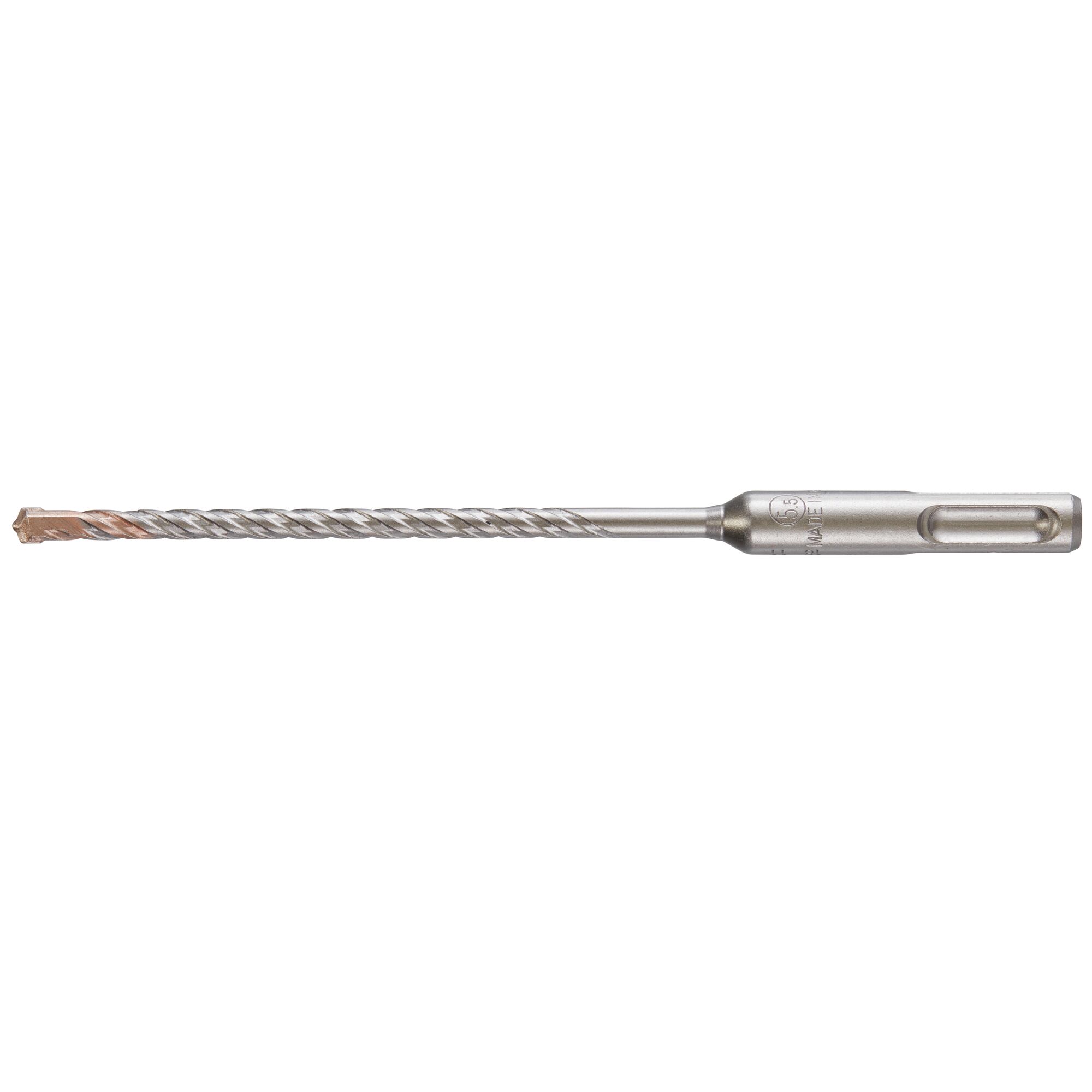 A DEWALT SDS-Plus masonry drill bit, featuring a long, silver-colored spiral shaft with a carbide tip, designed for use with rotary hammer drills.
