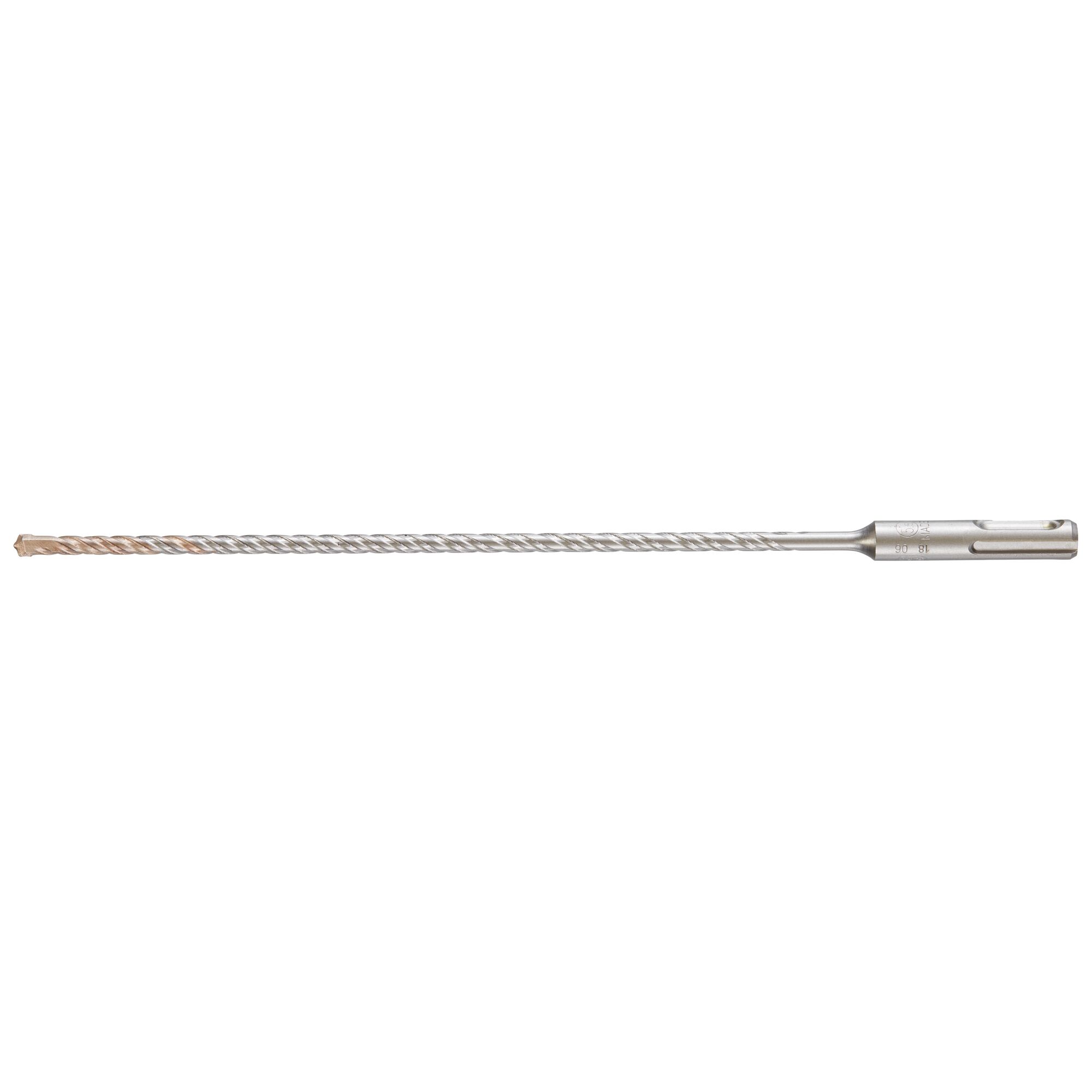A long metal rotary hammer drill bit with a spiral flute design and an SDS connection shank, typically used for drilling into concrete or masonry.
