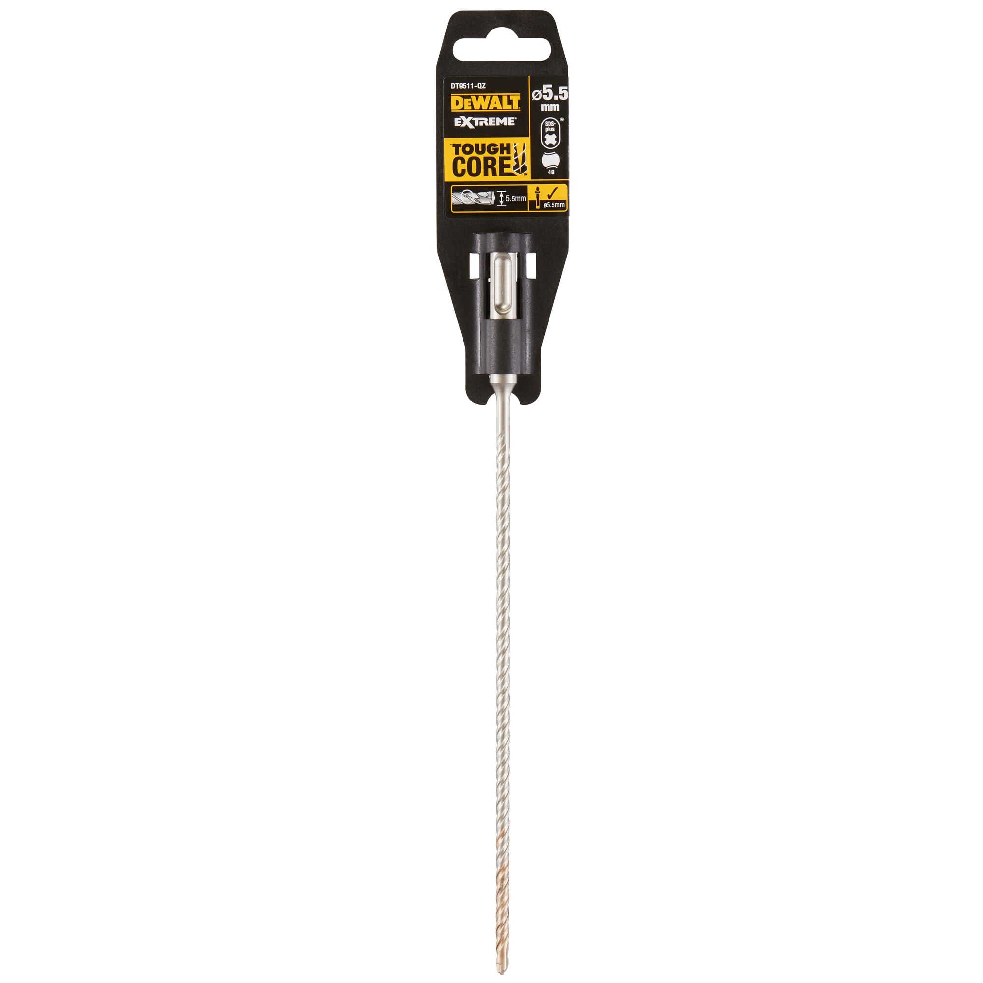 A DEWALT Extreme ToughCore drill bit in its retail packaging. The drill bit is 5.5 mm in diameter and is designed for durable performance. The packaging features branding and product information.