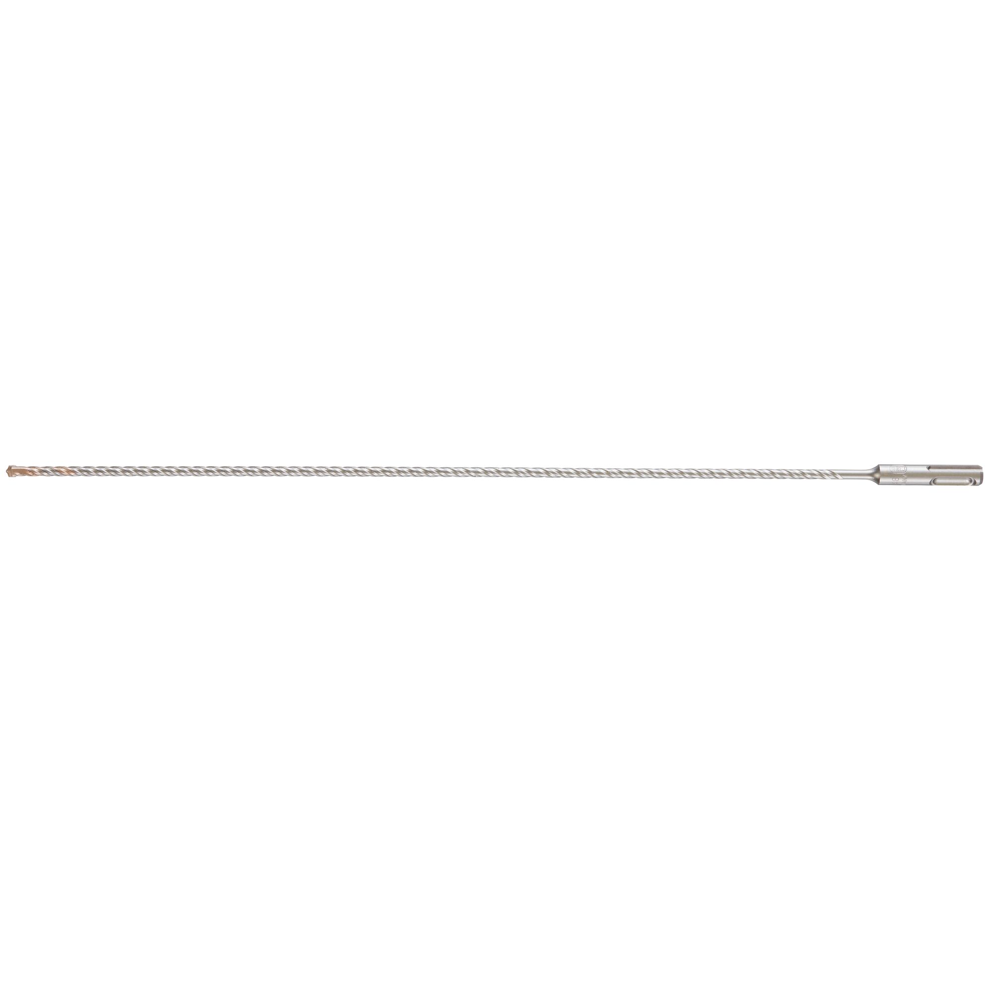 A long, silver DEWALT drill bit with a spiral flute design and a carbide tip, shown on a white background.