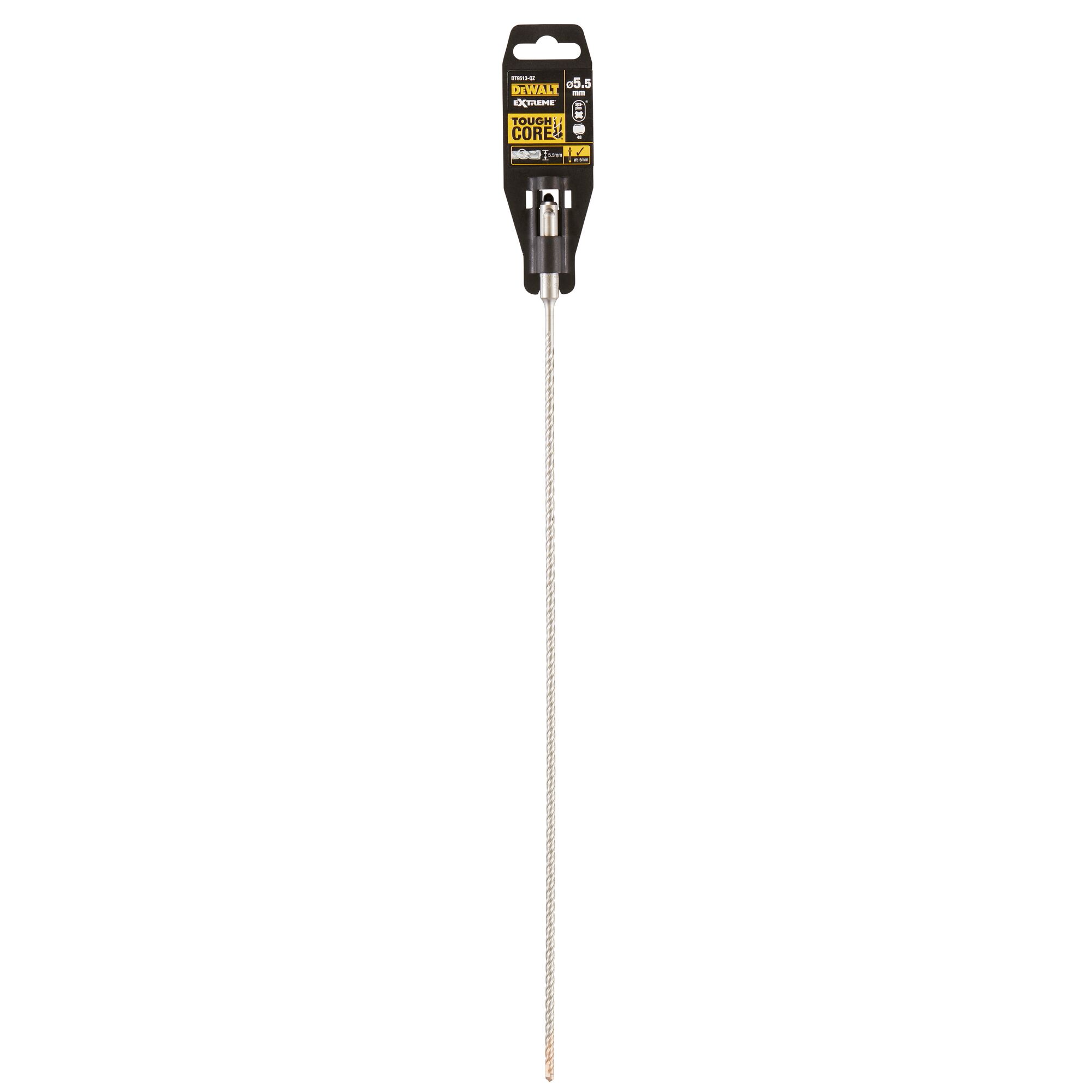 Long DEWALT ToughCore drill bit in packaging, featuring a metal shaft and pointed tip.