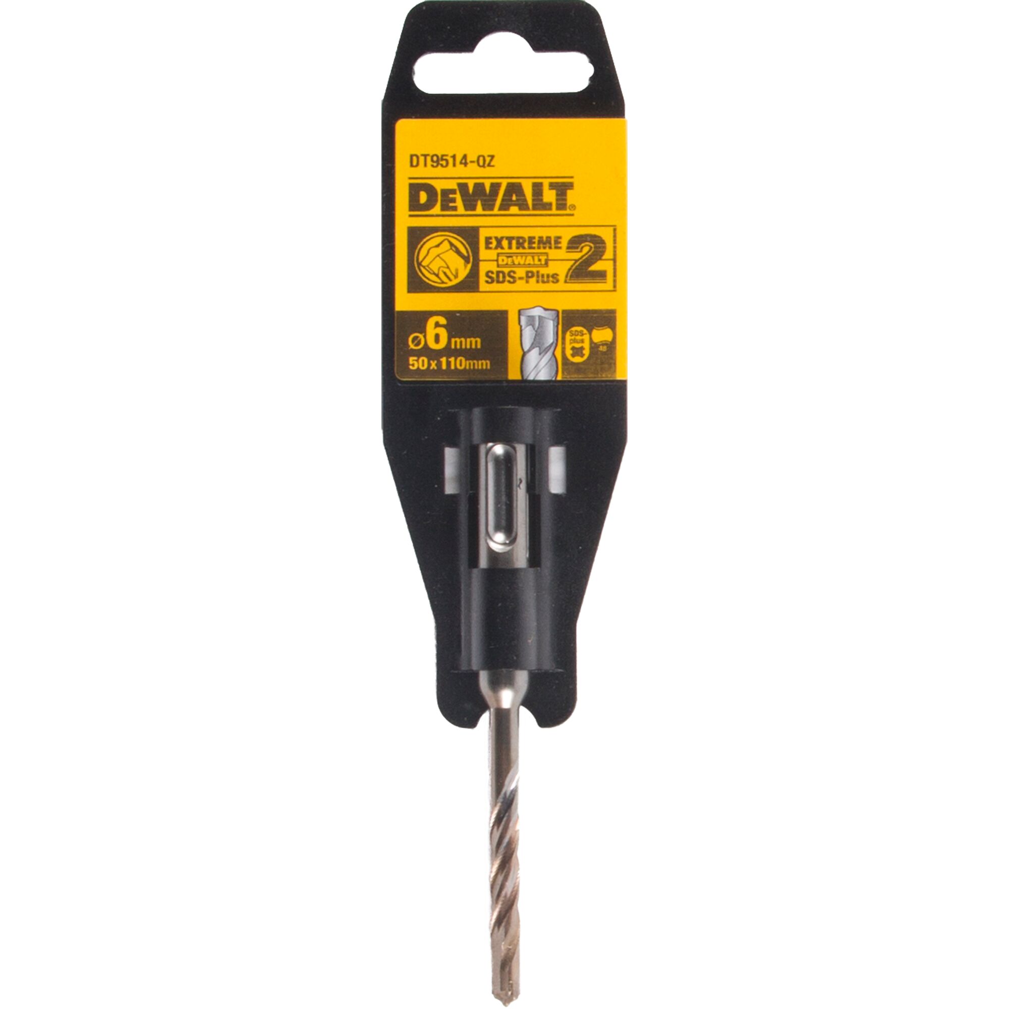DEWALT Extreme SDS-Plus drill bit in retail packaging, model DT9514, size 6mm x 110mm. The packaging is mostly black with a yellow label showing specifications and branding.