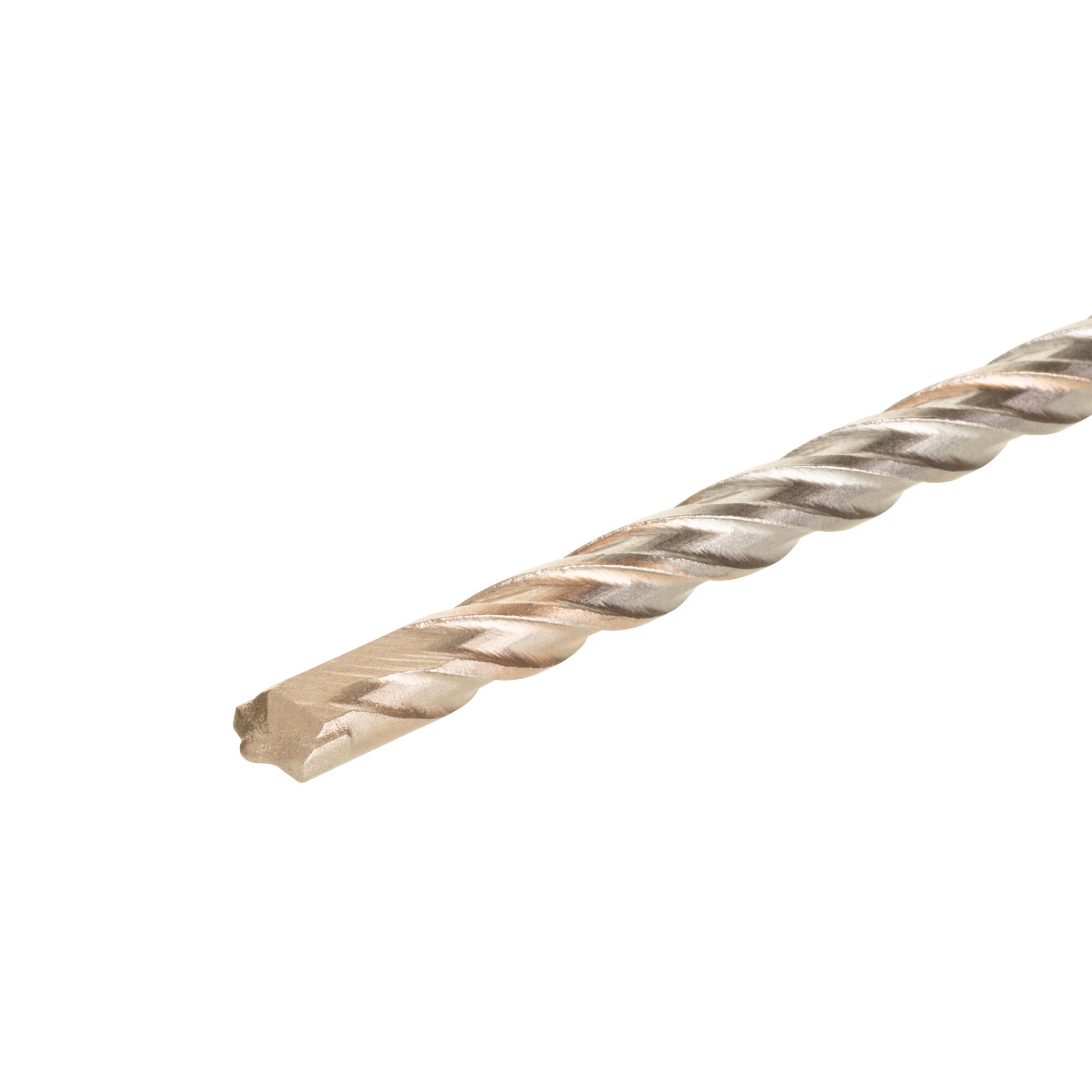Close-up of a metal drill bit with a spiral flute design, isolated on a white background.