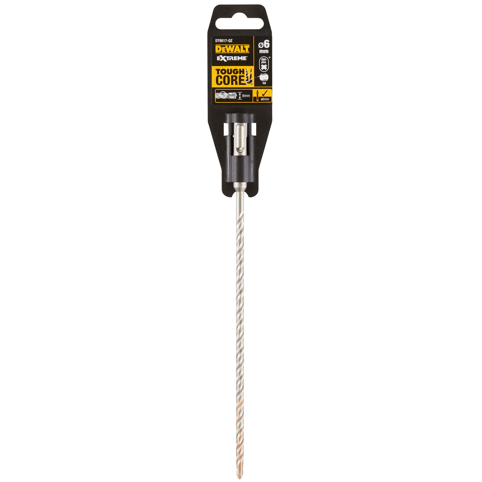 DEWALT DT9517 Extreme Tough Core 6mm rotary hammer drill bit in retail packaging, featuring a long, twisted design with SDS-Plus shank.