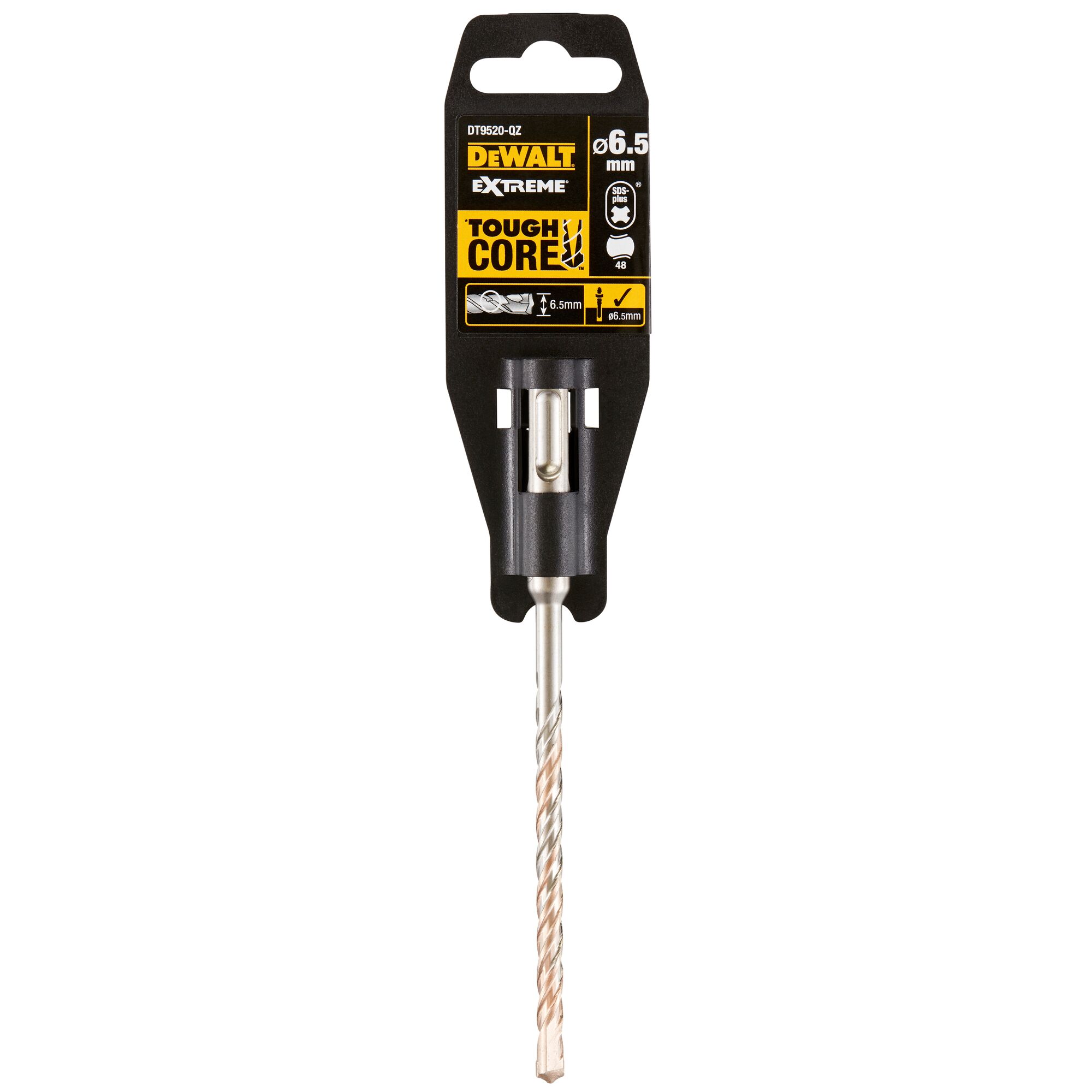 DEWALT Extreme Tough Core drill bit, model DT9520, with a diameter of 6.5 mm in its packaging. The packaging is black with yellow and white labels, showing the brand, diameter, and product features. The drill bit itself is silver with a spiral design.