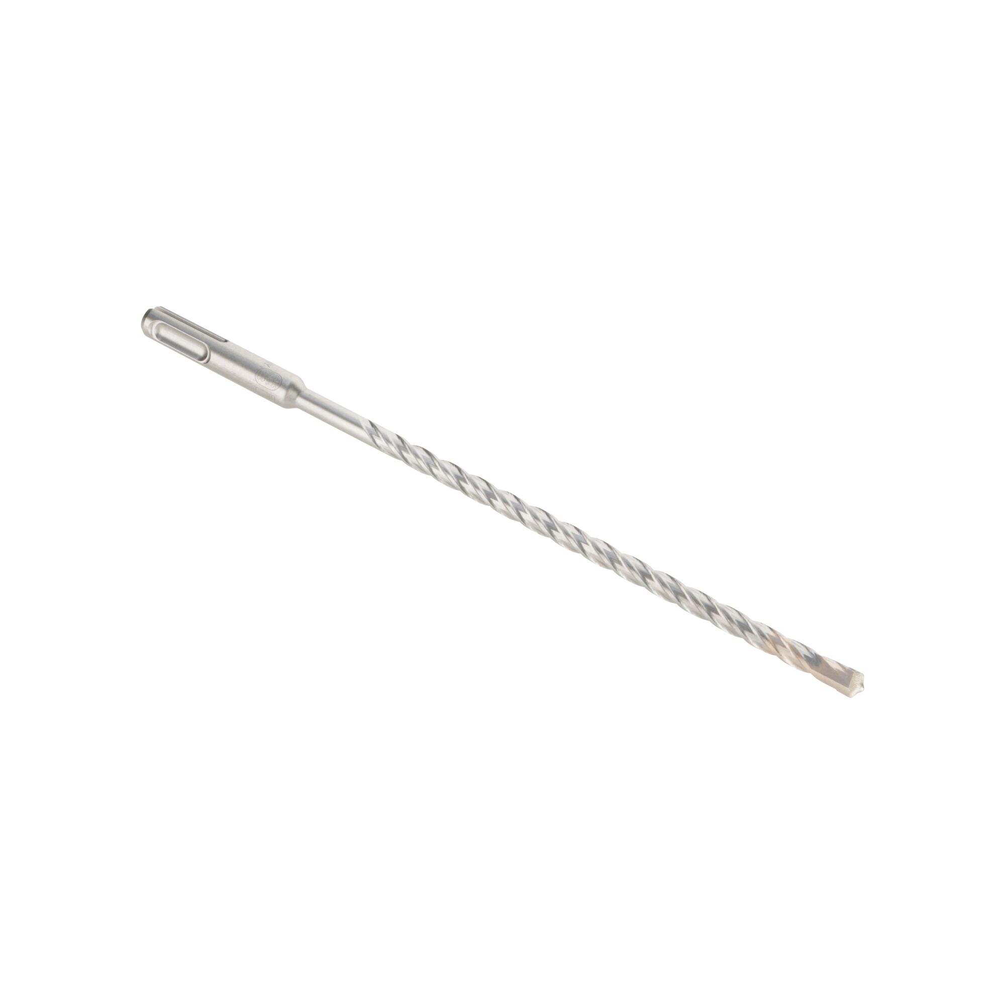 A single long, metallic drill bit with a spiral flute and an SDS-plus shank, used for hammer drilling in masonry and concrete.