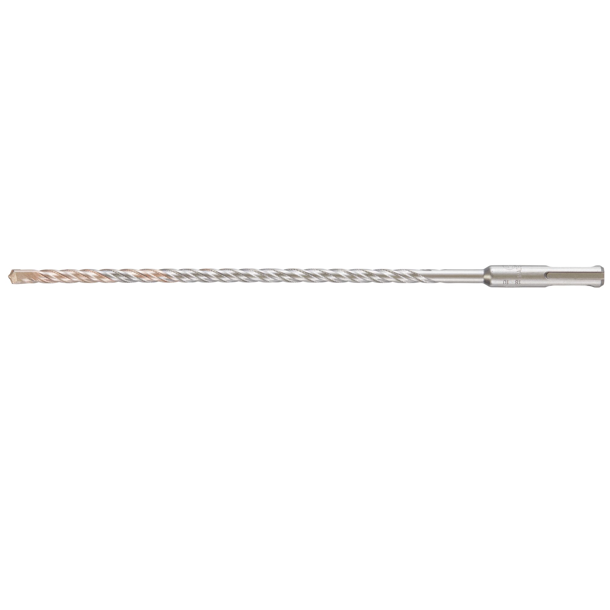 A long, silver-colored DEWALT masonry drill bit with a spiral flute design, suitable for use with rotary hammer drills.