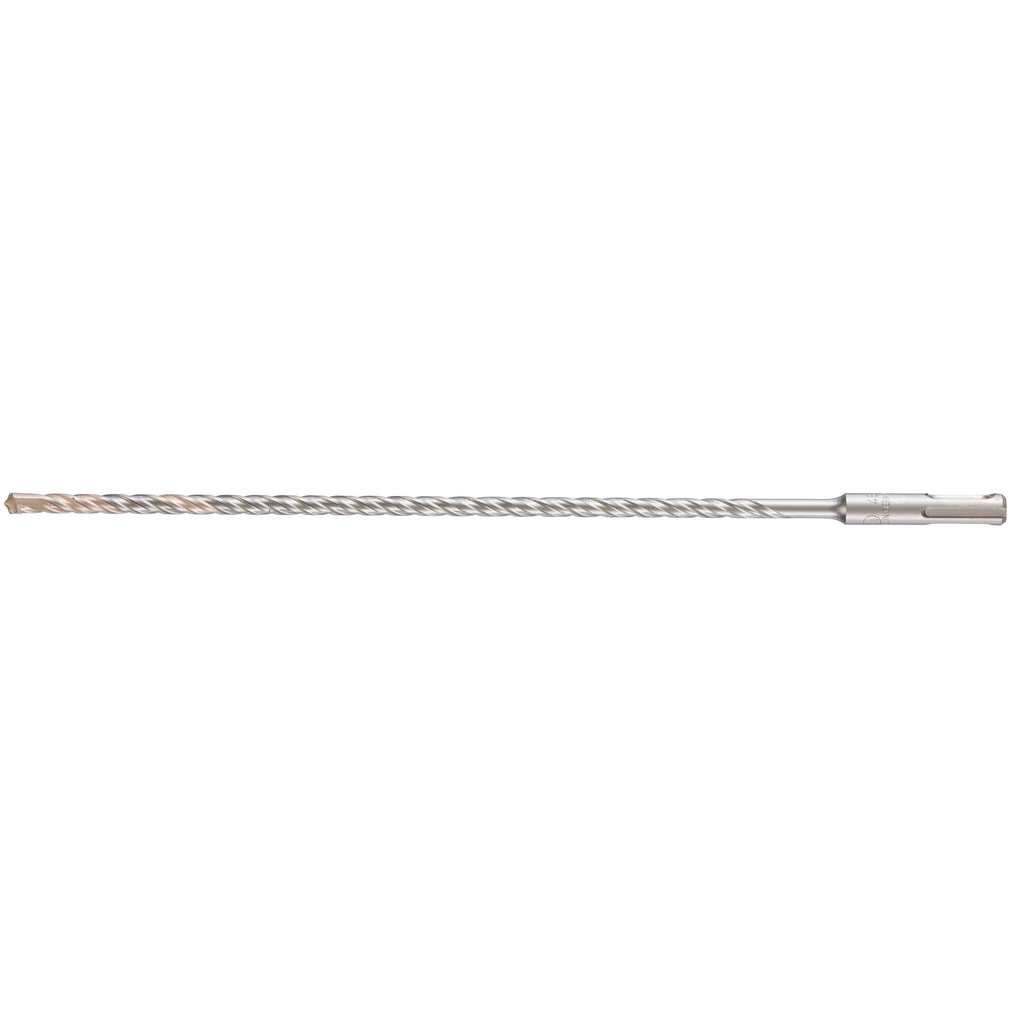 A long silver DEWALT rotary hammer drill bit with a spiral flute design, used for drilling into concrete or masonry.