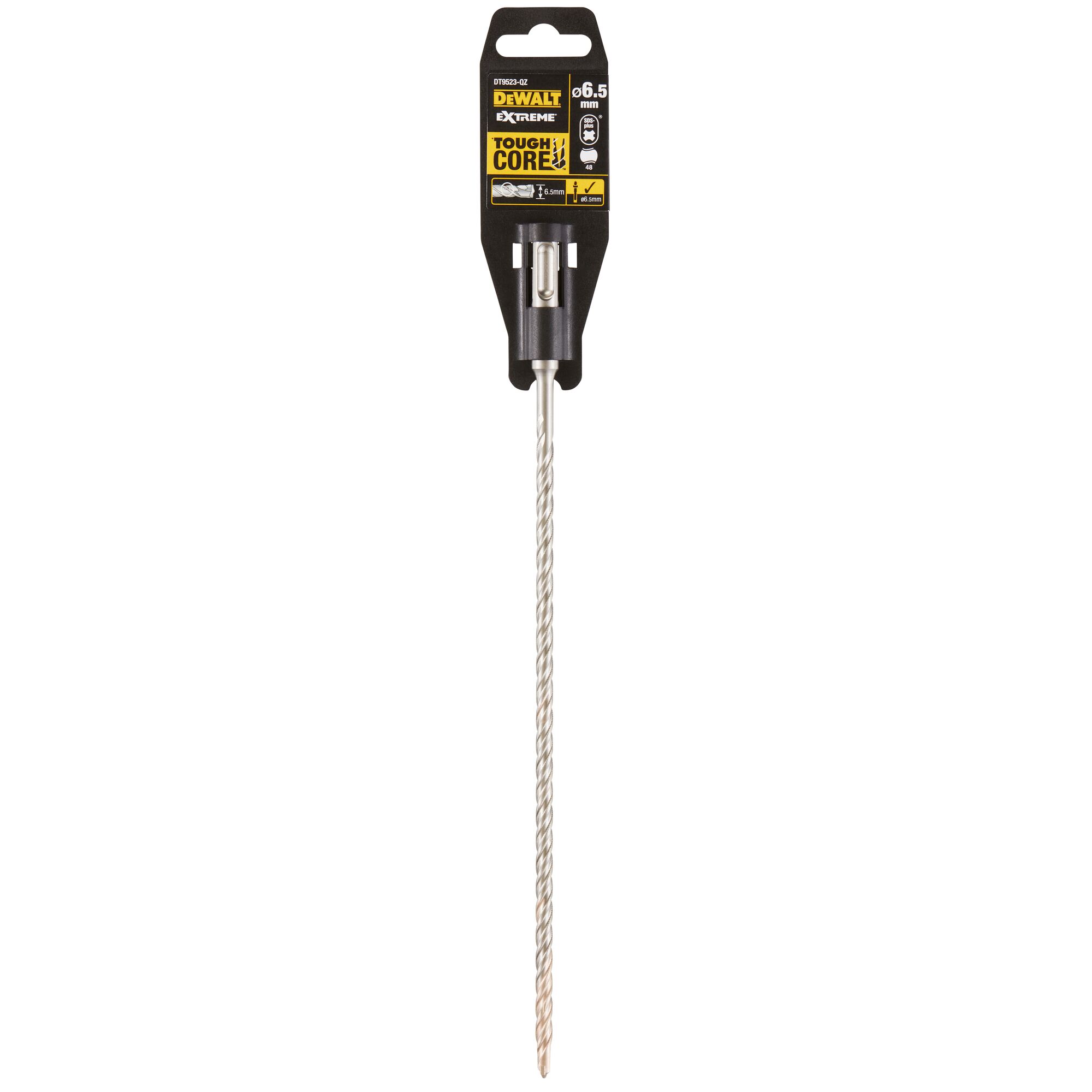 A DEWALT Extreme Tough Core SDS-Plus drill bit, 6.5mm in diameter, in its original packaging. The drill bit has a spiral design and a long shank, suitable for masonry and concrete work.