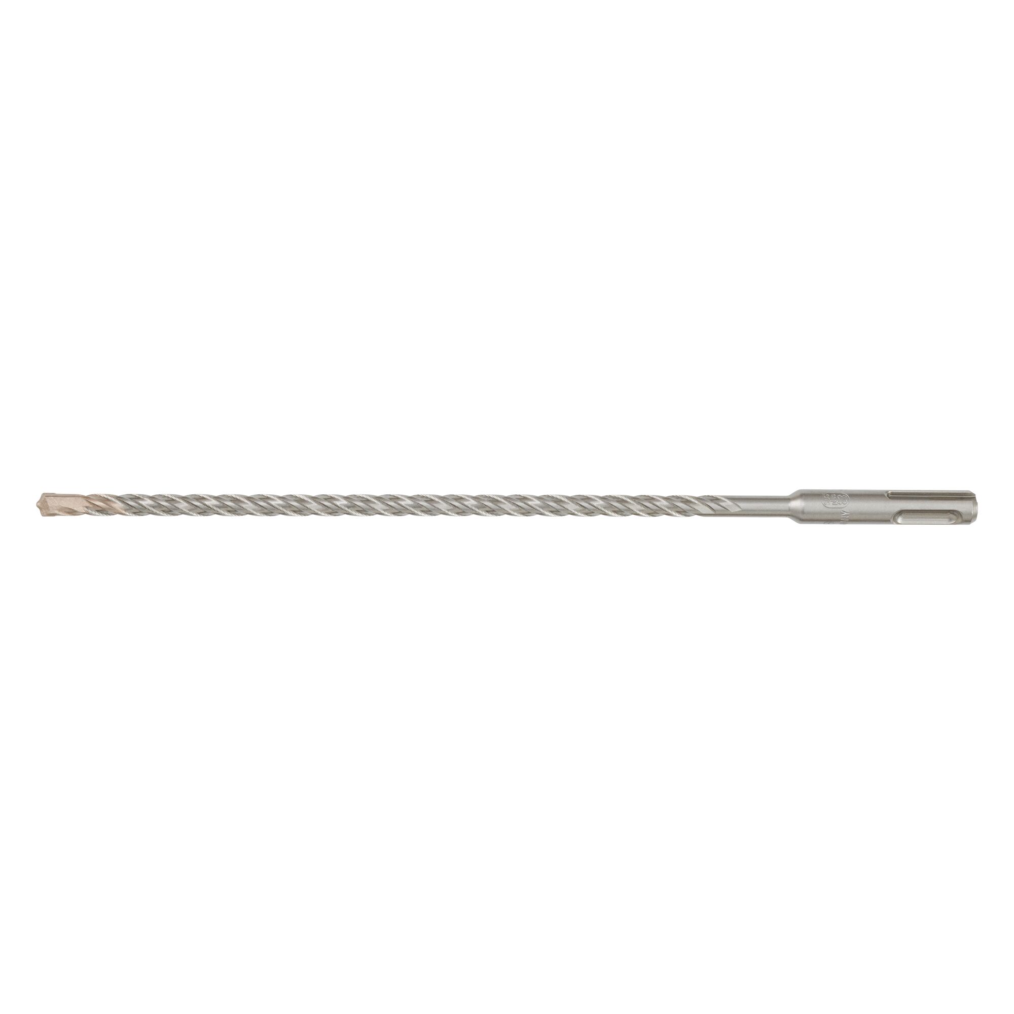 A long, silver masonry drill bit with a spiral design and an SDS-Plus shank, designed for use with rotary hammer drills.