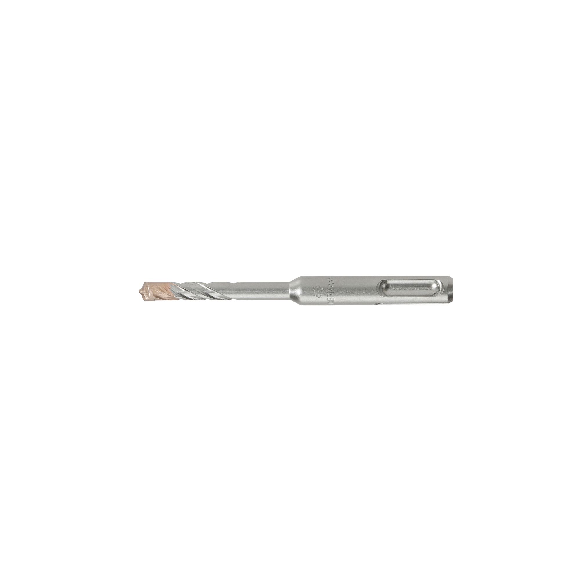 A DEWALT SDS Plus masonry drill bit, silver in color, with a spiral fluted body and carbide tip, shown against a white background.