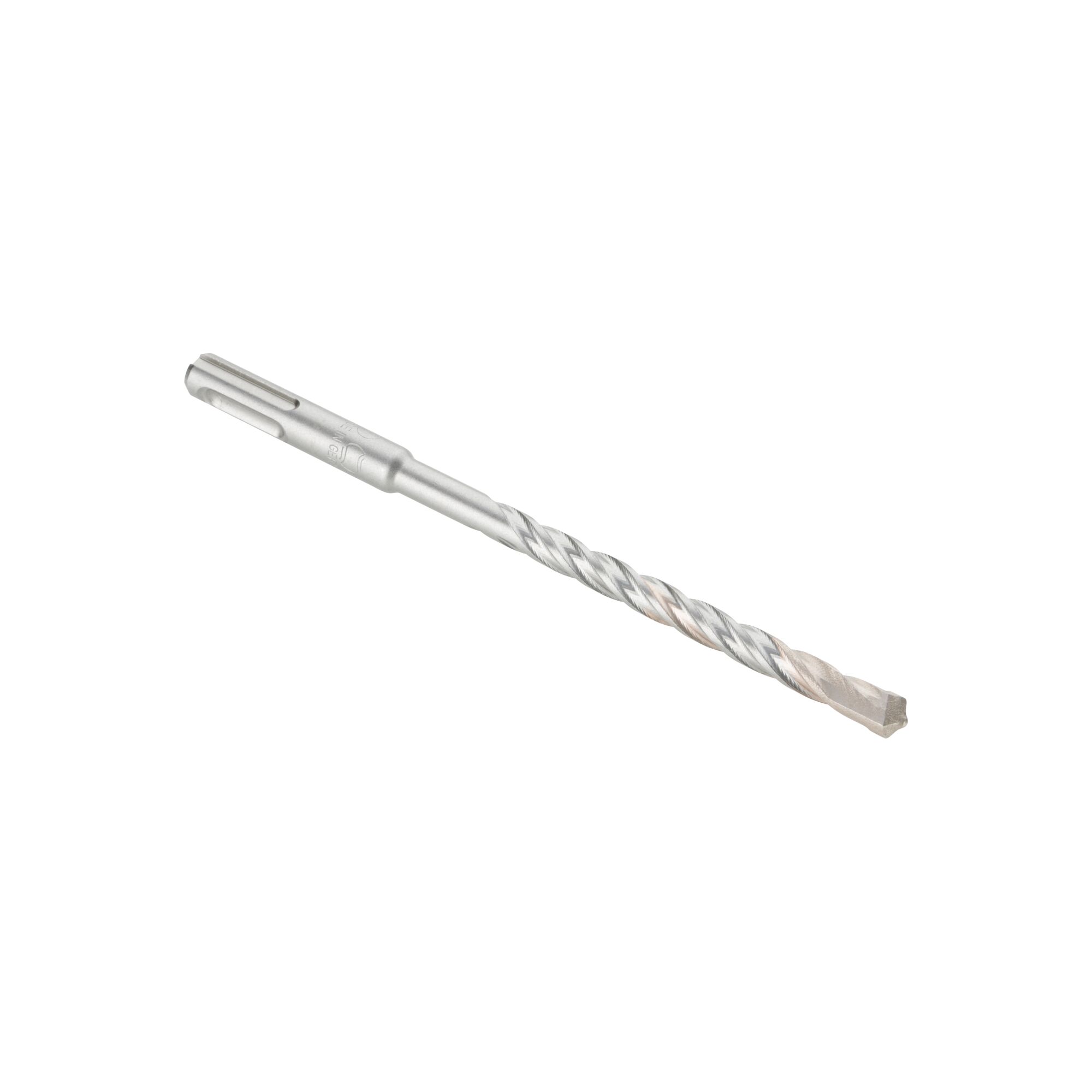 A single silver-colored DEWALT SDS drill bit with a spiral design and flat tip, isolated on a white background.