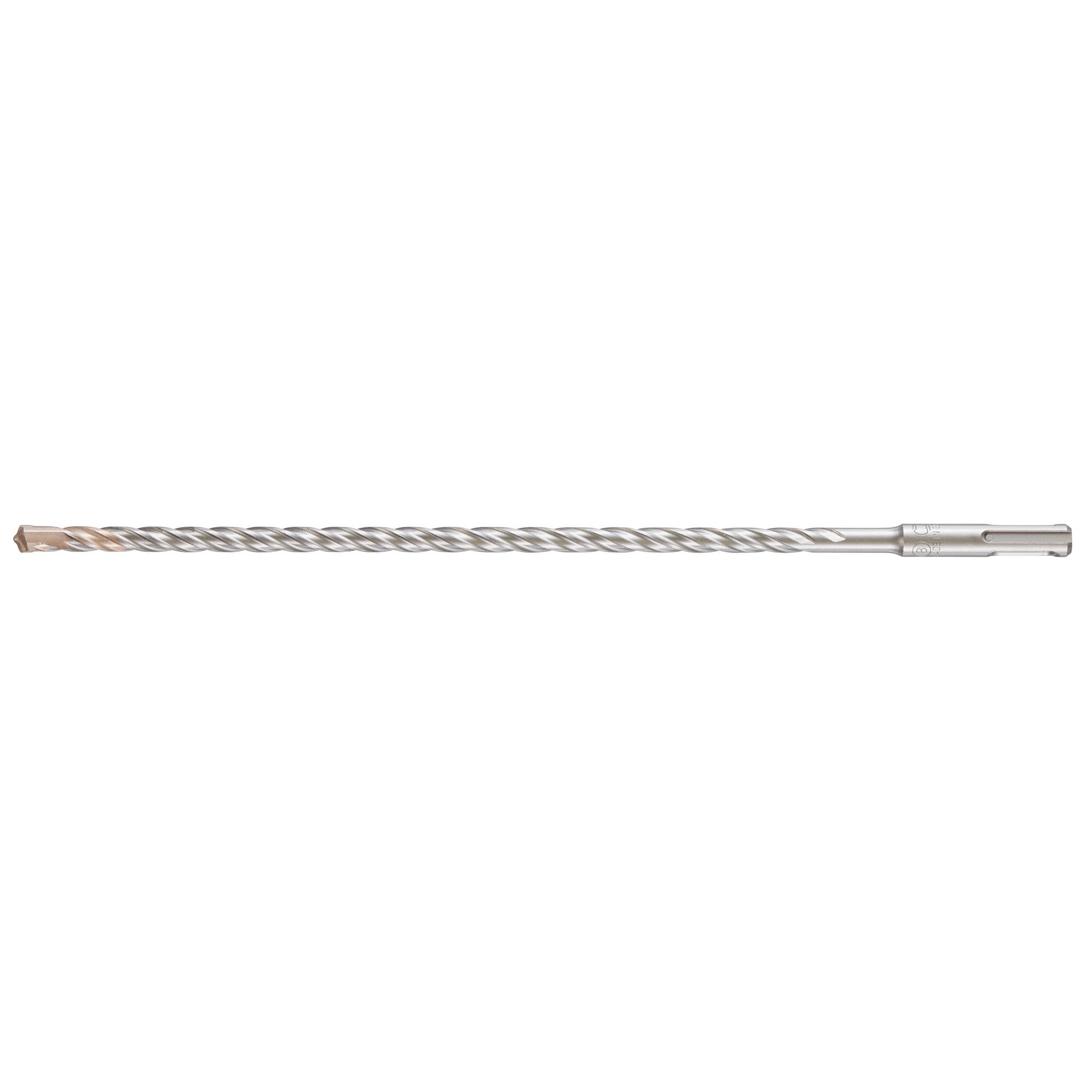 A long, silver masonry drill bit with a spiral flute design and a pointed tip, shown on a white background.