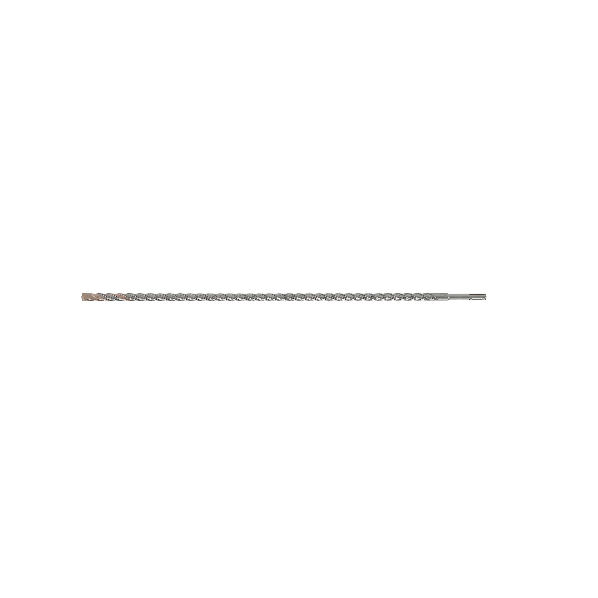 A long, silver-colored DEWALT SDS Plus drill bit with a spiral flute design, placed on a white background.