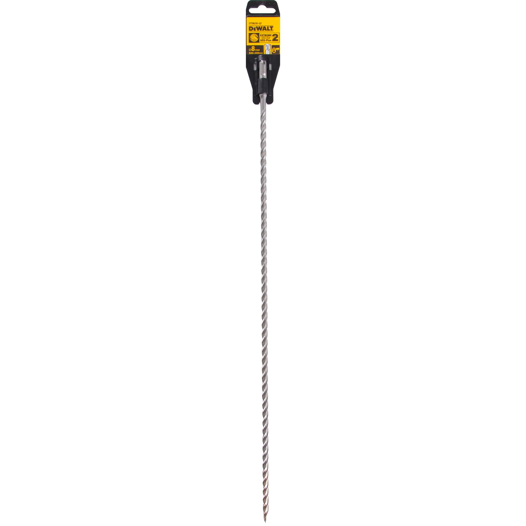 A long DEWALT SDS-plus masonry drill bit in its original packaging, labeled with DEWALT branding and specifications. The drill bit has a spiral design and is intended for drilling into concrete or masonry.