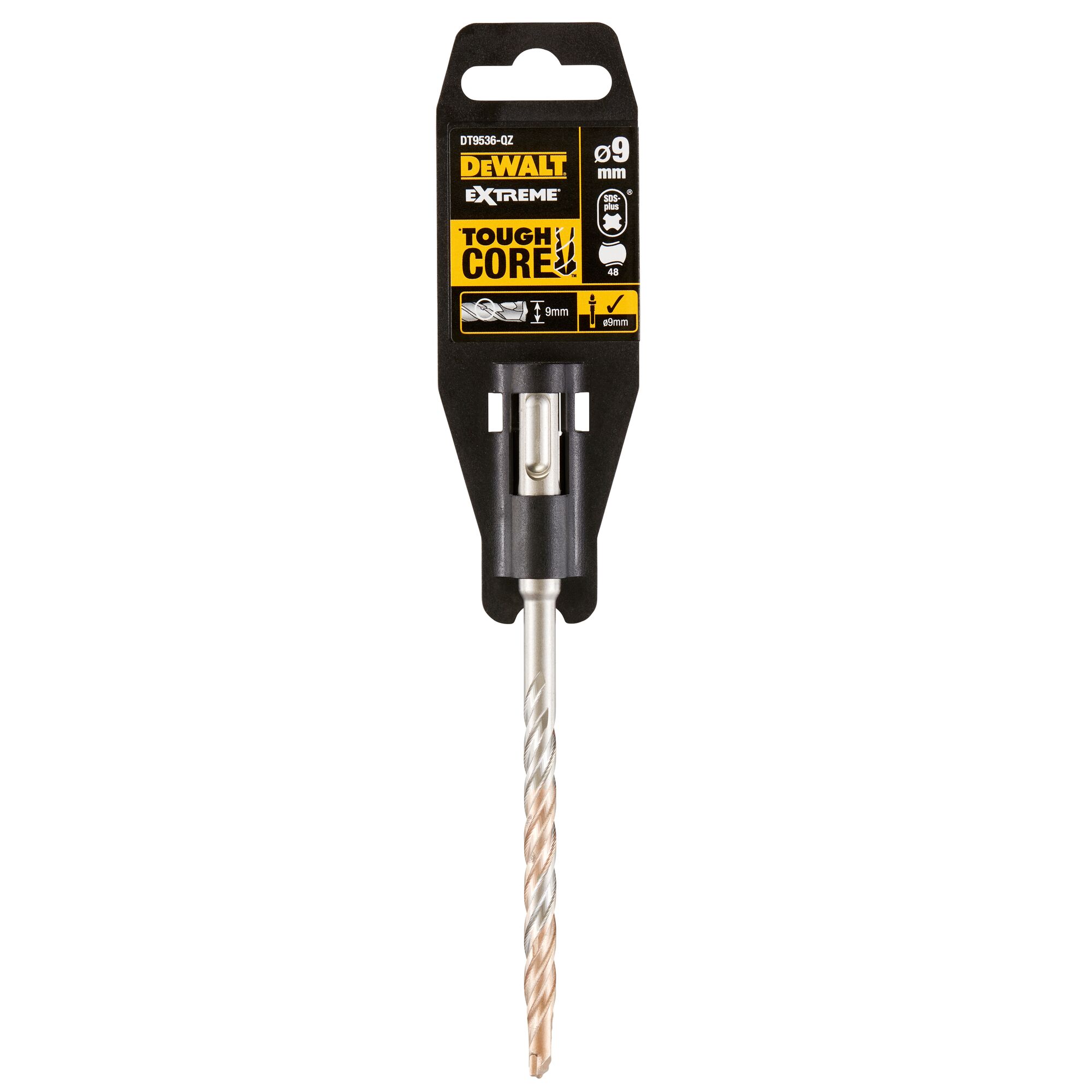 A DEWALT Extreme Tough Core 9mm drill bit in retail packaging, showing the product with its black and yellow label and metal drill bit.