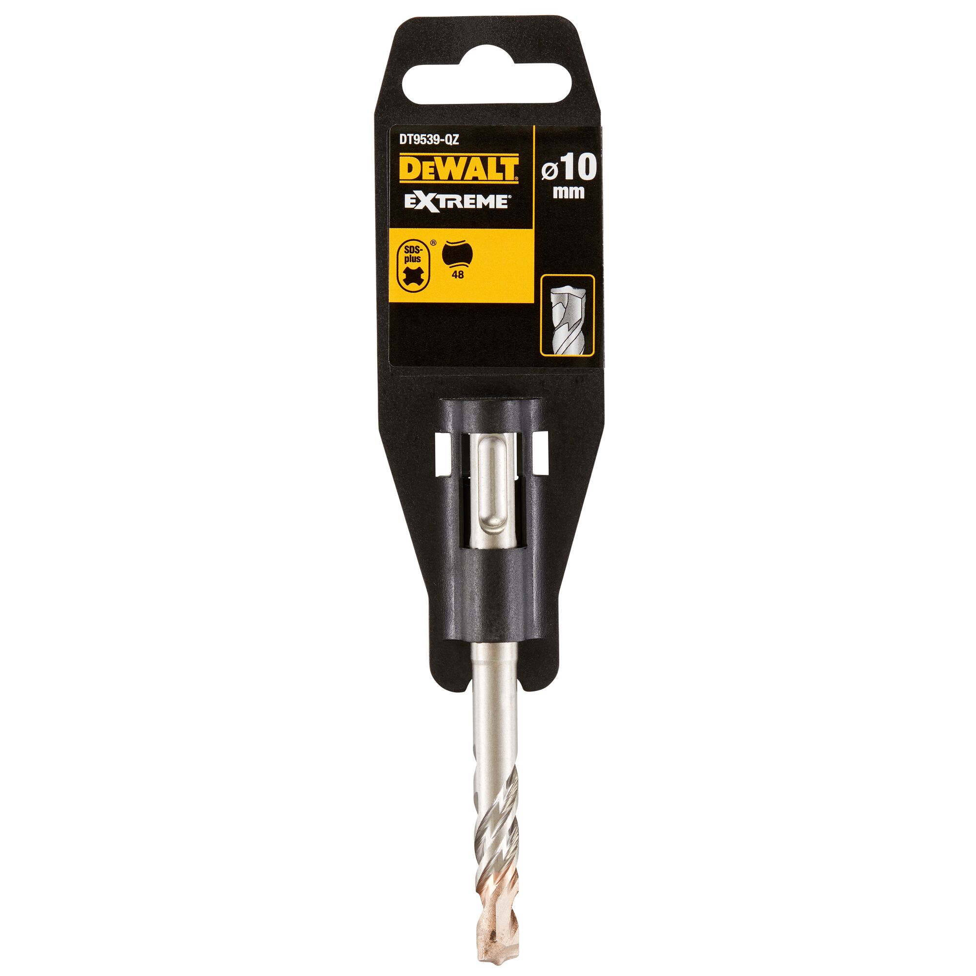 DEWALT Extreme SDS-plus drill bit with a diameter of 10 mm, in its retail packaging. The packaging is black and yellow and displays brand and specification details.