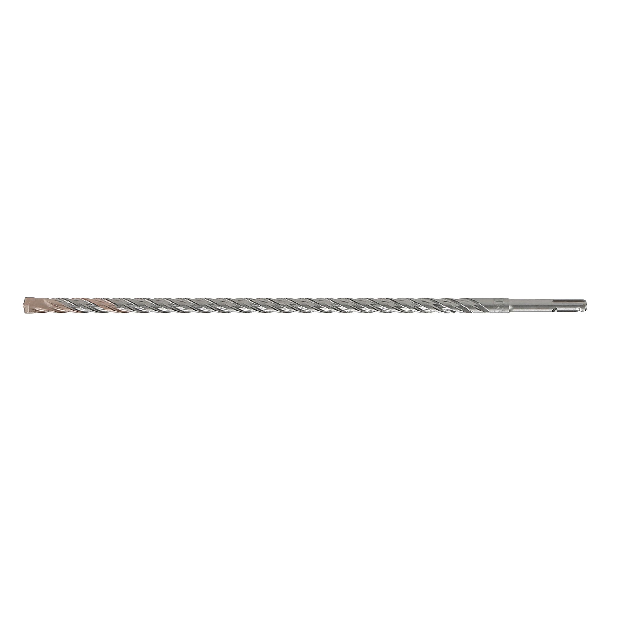 A long, silver-colored DEWALT drill bit with a spiral design, used for drilling in masonry or concrete.