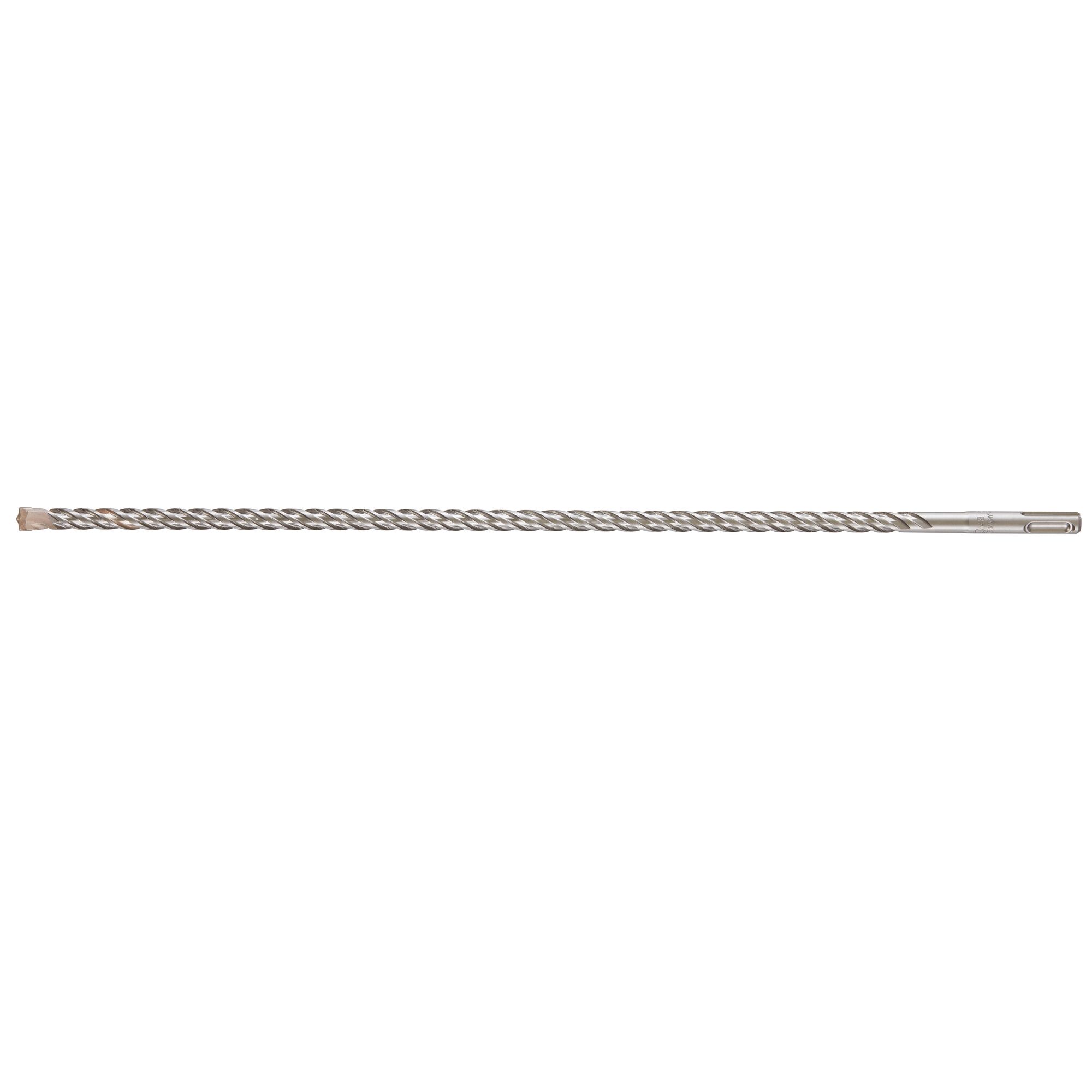 A long, silver-colored masonry drill bit with a spiral design and a chisel tip, displayed against a plain white background.