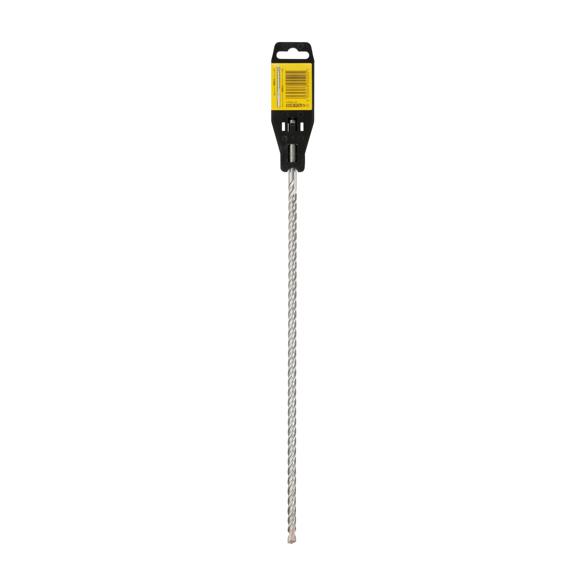 A long, twisted masonry drill bit with a black and yellow packaging cap, displayed vertically on a white background.